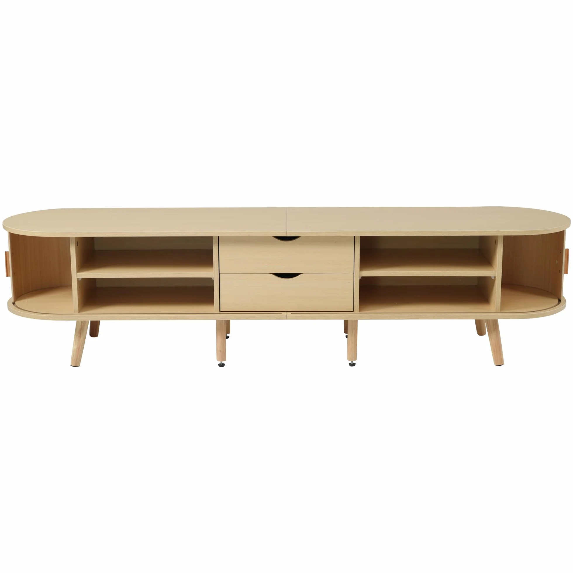 Mueble para TV de salón con espacio de almacenamiento + tablero de fibra de densidad media redonda de grano de madera, 2 cajones, capacidad de carga 30 kg, tamaño 175 x 40 x 42 cm