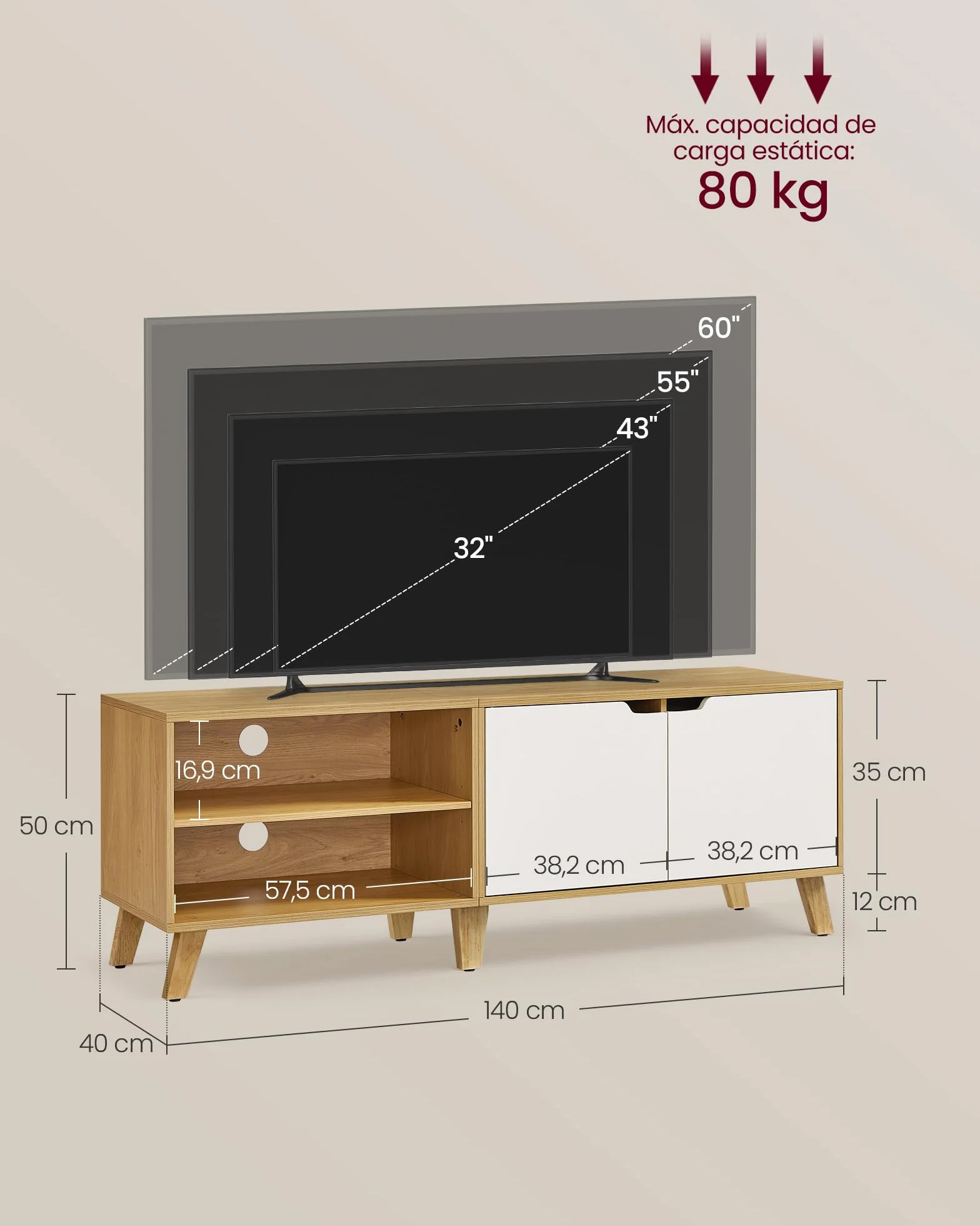 VASAGLE Mueble de TV de 2 Puertas, Soporte con Estantes Ajustables, 140 cm, para TV de 60 Pulgadas, Roble Natural y Blanco Crema LTV027N01