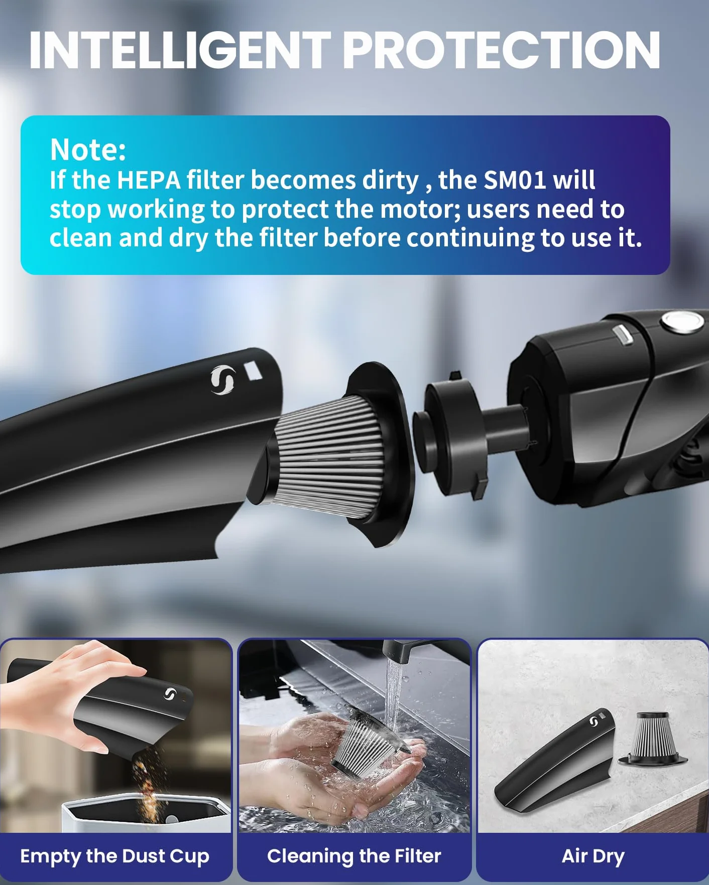 Aspirador de Mano Potente Recargable Sin Cable con Filtro HEPA para Coche