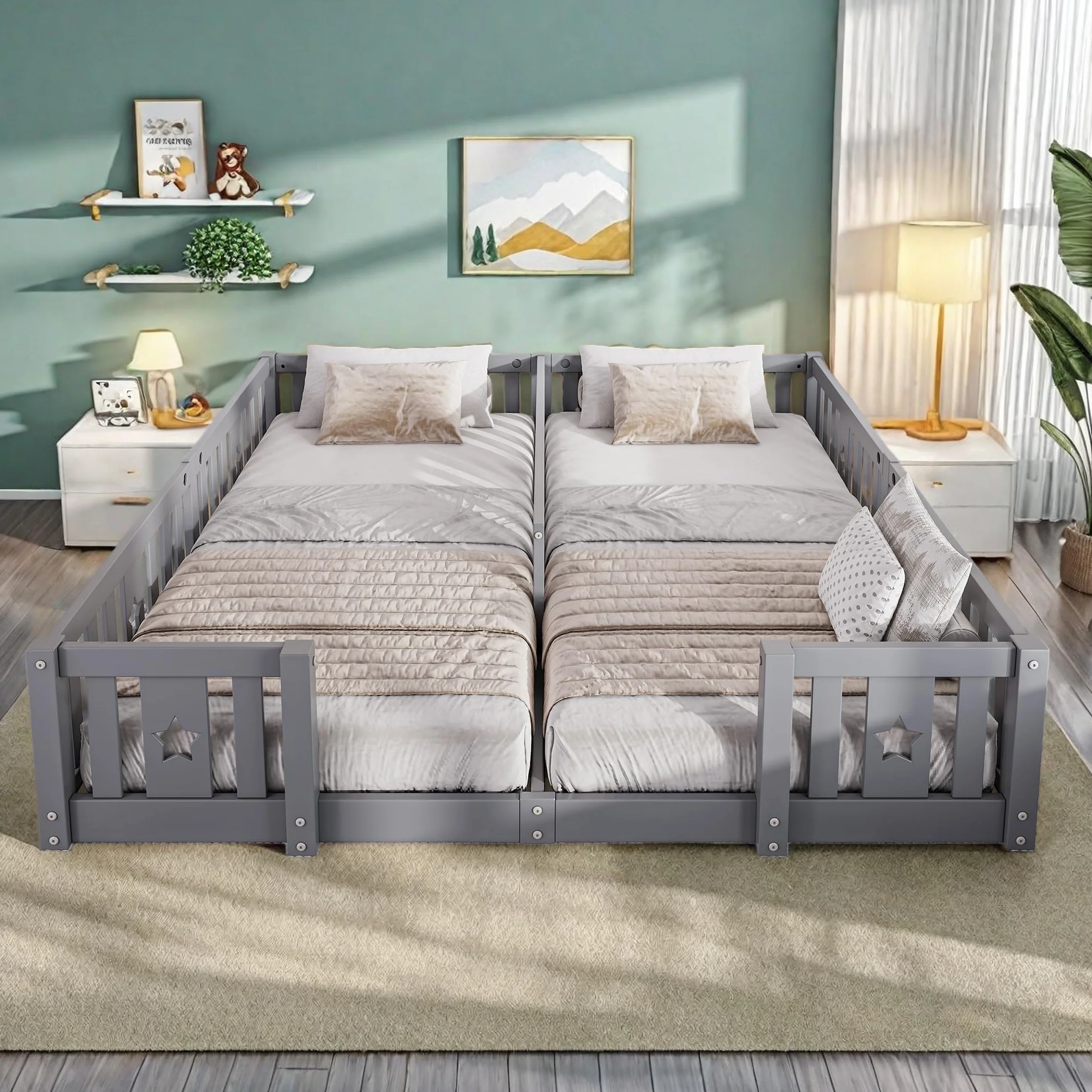 Cama infantil 180x200 cm madera protección anticaídas somier doble juvenil diseño escandinavo gris