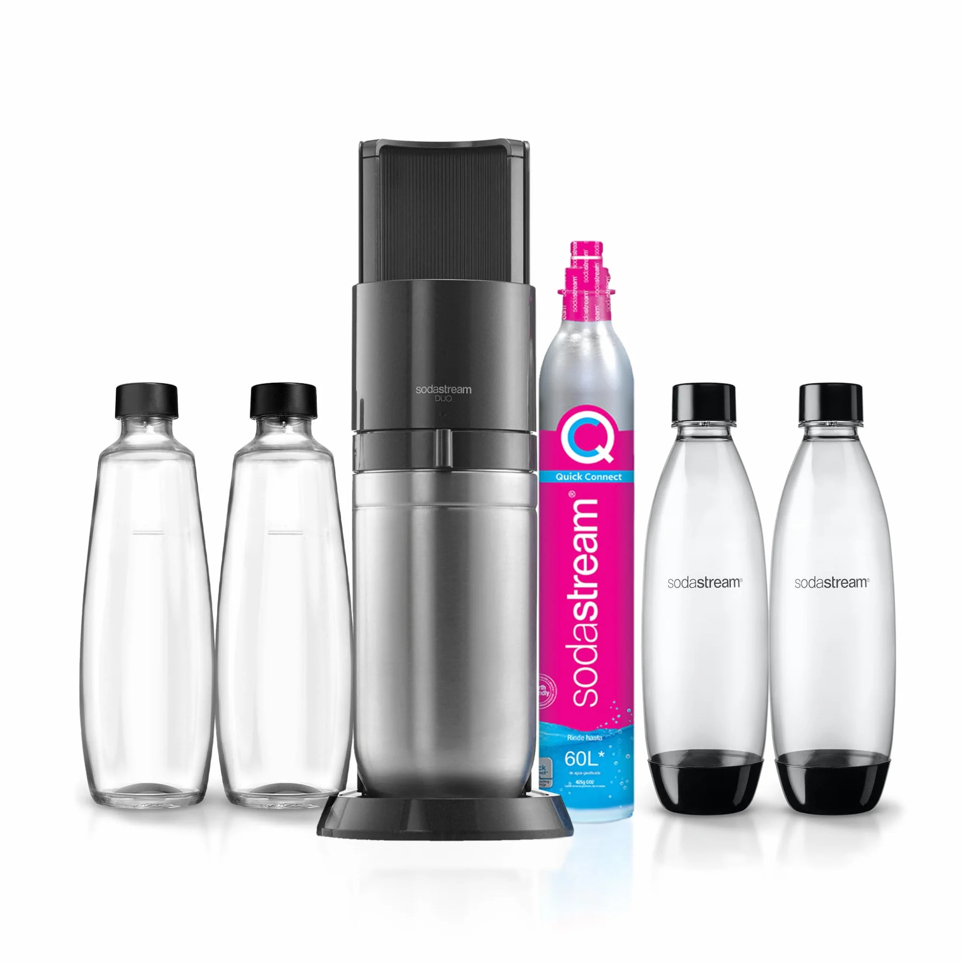 Duo gasificador de agua negro con cilindro para 60L, 2 botellas de plástico 1L, 2 botellas de cristal 1L