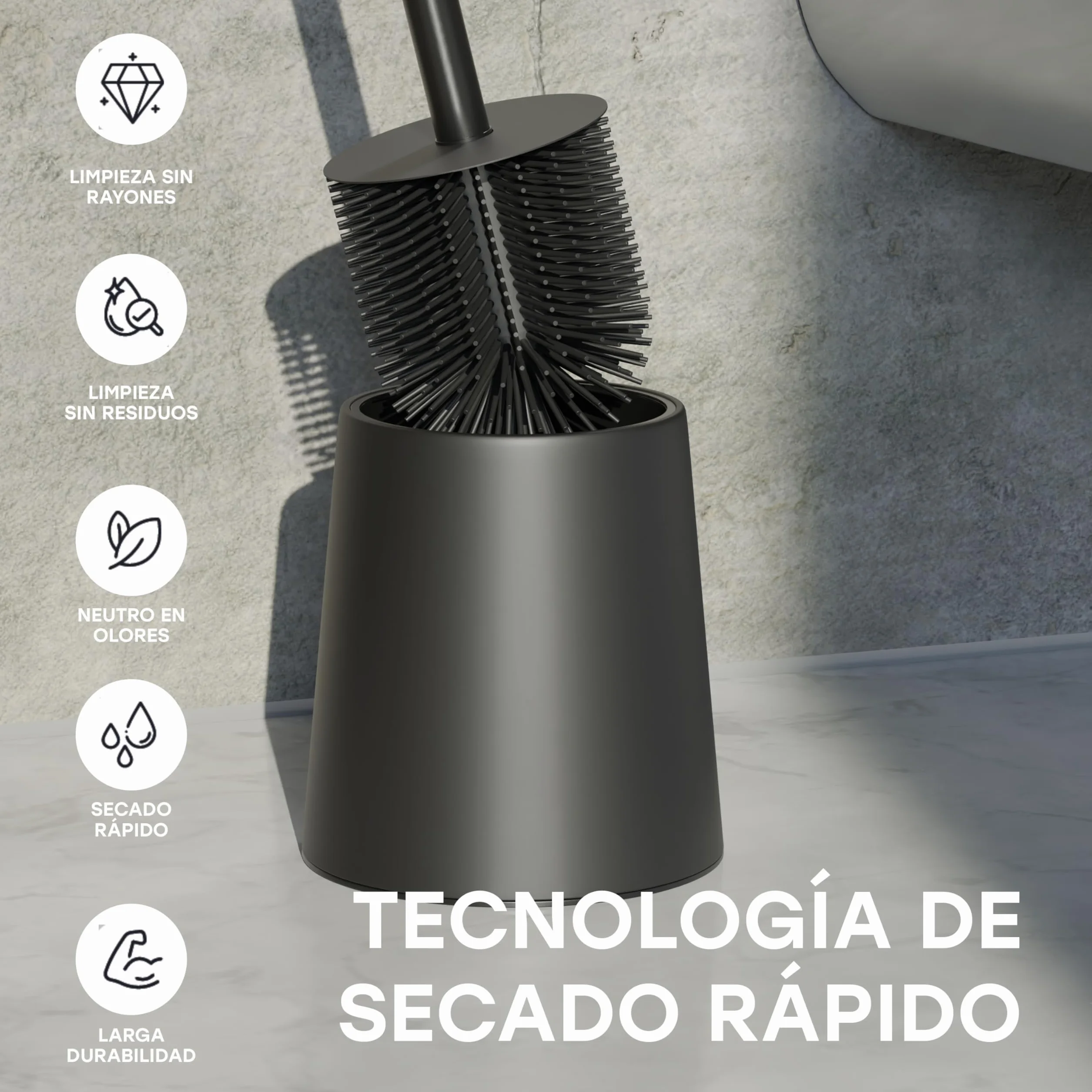 SAVEGA – Escobilla WC Silicona Negra con Soporte de Acero y Tapa – Cepillo Inodoro Higiénico para Baño Moderno