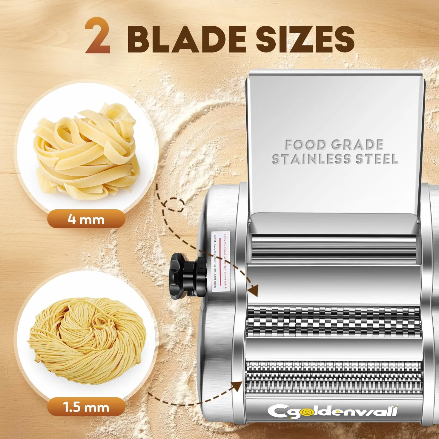 CGOLDENWALL Máquina de Pasta Eléctrica, Motor de 140W con 2 Cuchillas (1.5 mm/4 mm) y 9 Grosores Ajustables de 0.3-3 mm, Acero Inoxidable para Hacer Fideos Fresca Casera