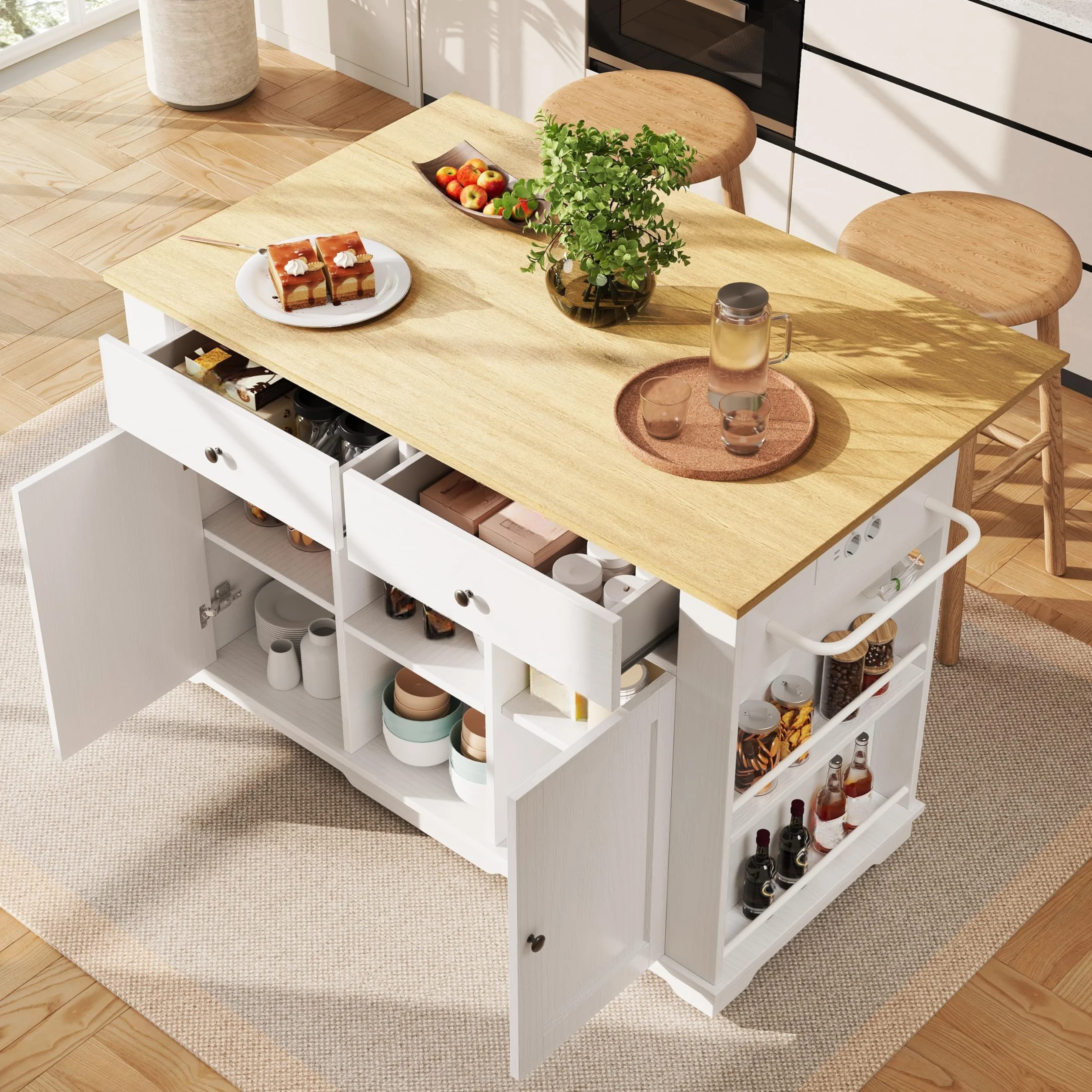 Isla De Cocina, Carro de Cocina con Encimera Extensible, Mueble Auxiliar de Salon con Ruedas y Tomas de Corriente, Mueble Buffet con Cajones y Puertas, 151.5x59.7-84.7x91.7cm (Blanco)