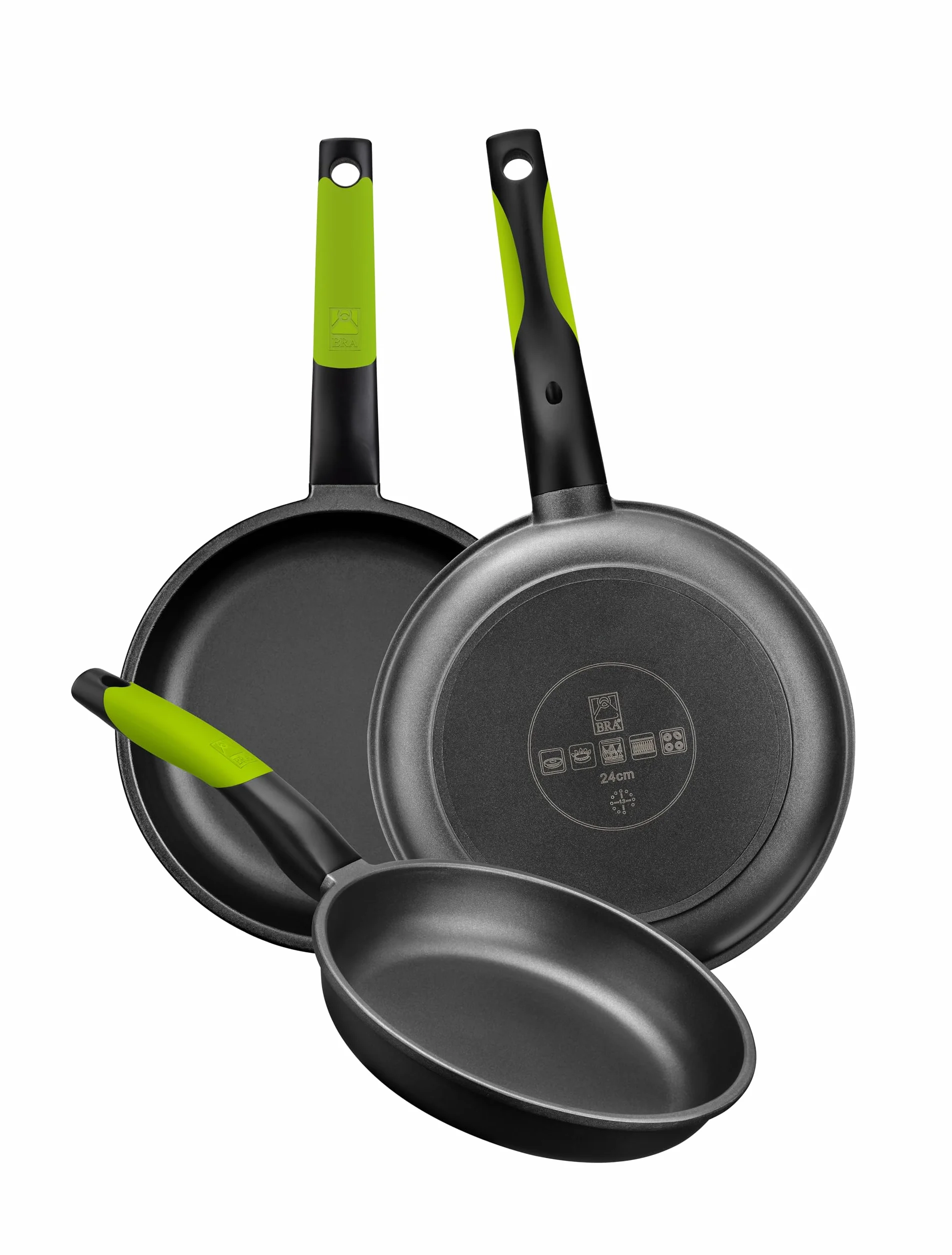 BRA Set de 3 Sartenes Antiadherentes Aluminio Fundido 18-22-26 cm con Salvamanteles Aptas Inducción