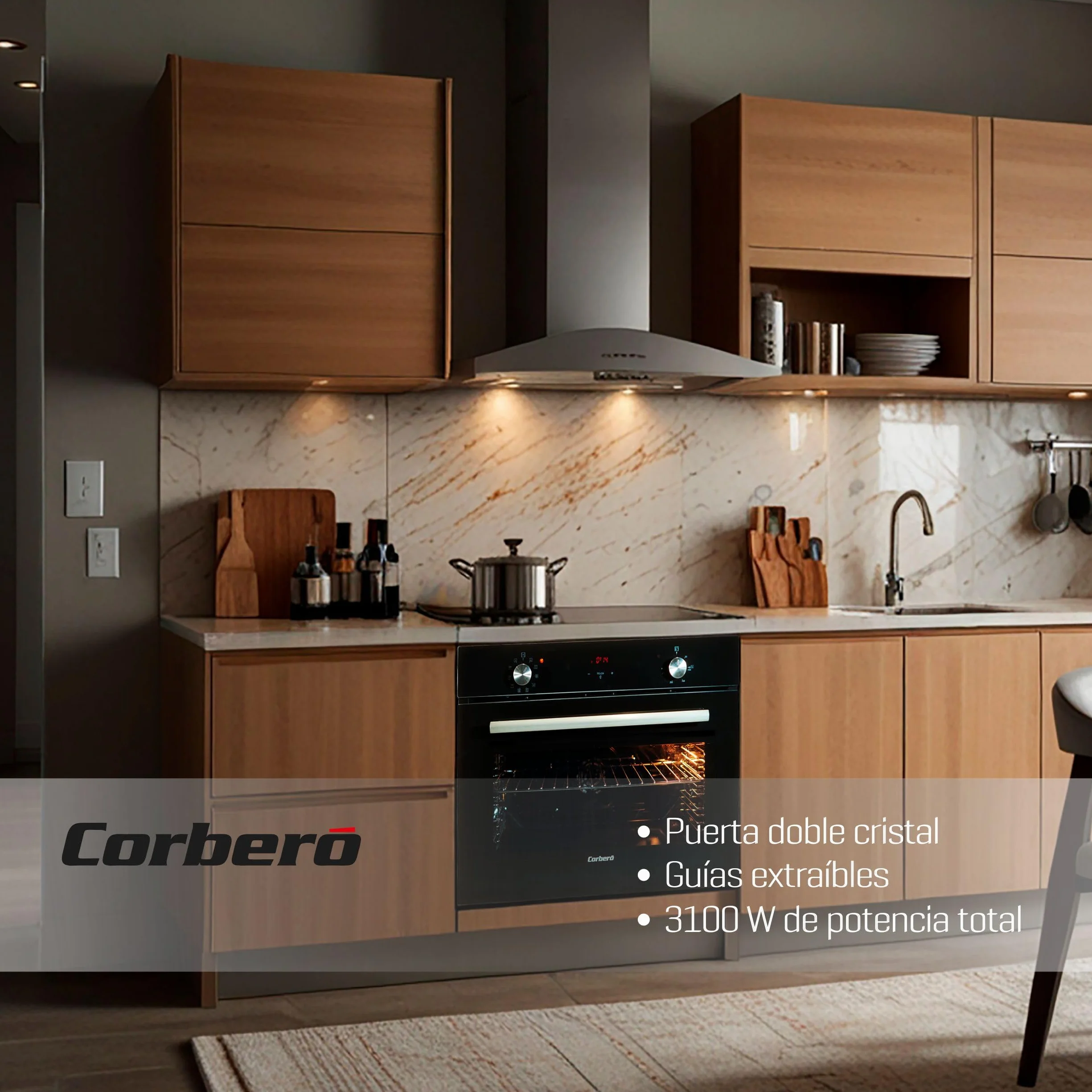 Corberó - Horno Multifunción Compacto 50L| CCHCV451021DTG | 46x60x58 | Hidrólisis | Display Táctil | Guías Extraíbles | 10 Programas | 3100W Potencia | Puerta Doble Cristal | Cristal Negro