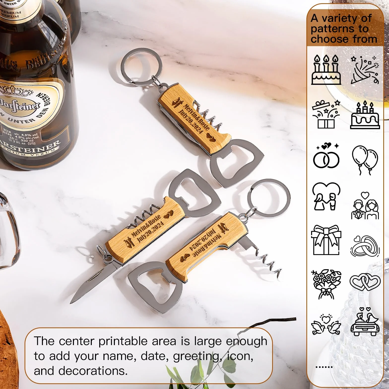 Abridor de Botella de Madera Personalizado para Boda, Regalos de Boda, Llaveros Abridores de Botella Grabados