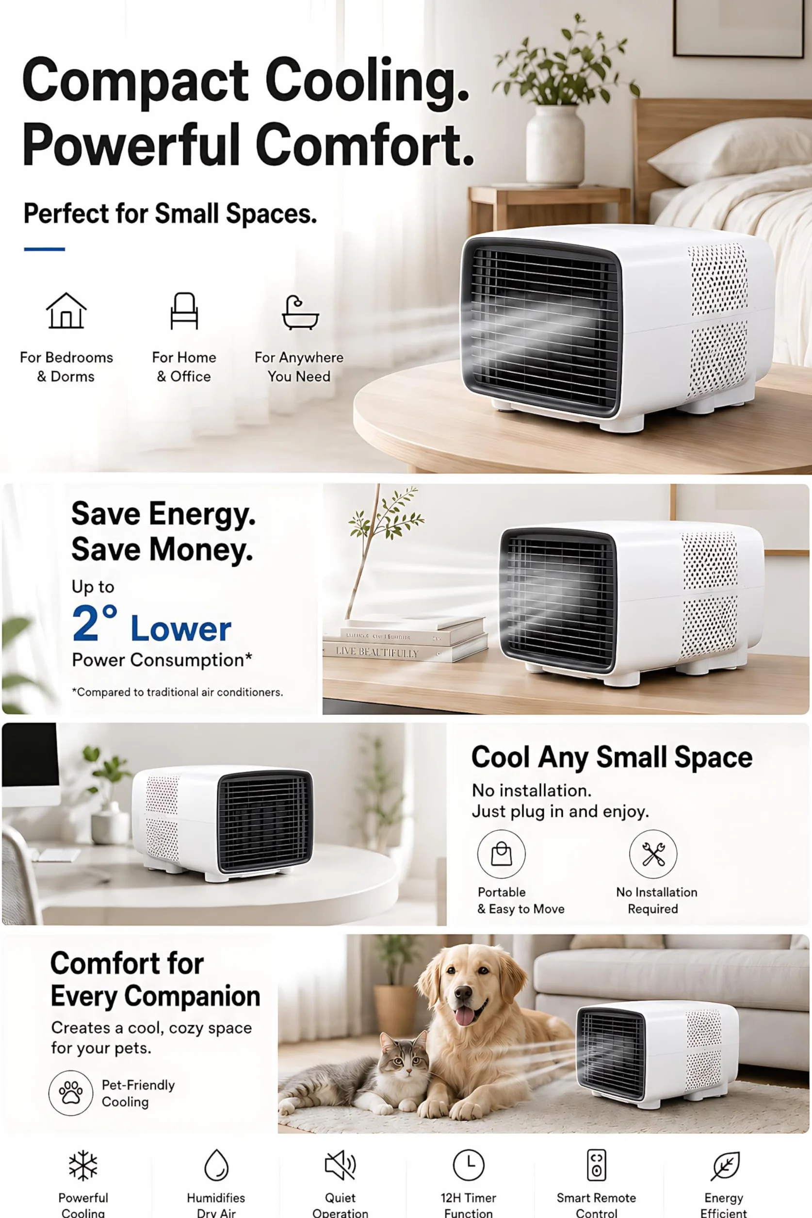 Aire Acondicionado Portátil 2700 BTU, 280W Bajo Consumo, 3 en 1 Enfriador, Deshumidificador y Ventilador con Compresor DC, Silencioso, Mando a Distancia para Camping y Caravana