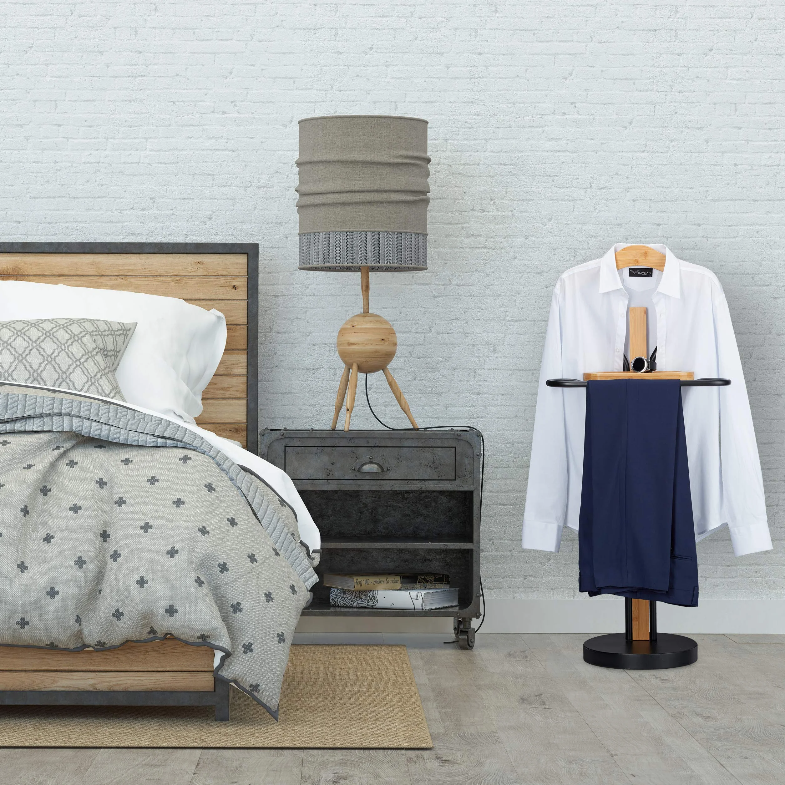 Relaxdays Valet con estante para trajes sin arrugas bambú y metal 109 x 48 x 30 cm negro natural