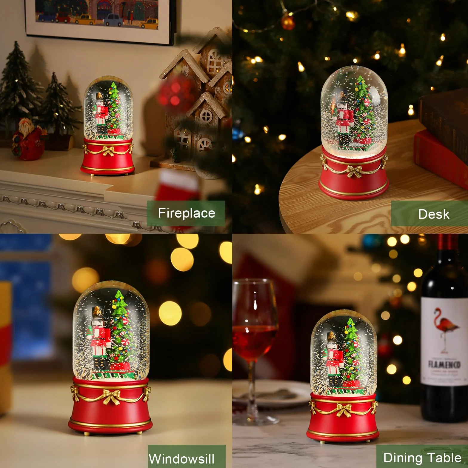 Lewondr Globo de Nieve Navideño, Globo de Cristal con 8 Canciones Navideñas, Caja de Música Eléctrica Reno con Cascanueces y árbol de Navidad, Decoración de Navidad para Chimenea de Dormitorio