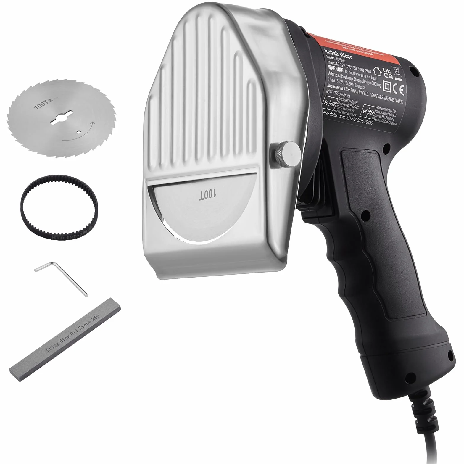 VEVOR Cuchillo Kebab Eléctrico 80 W, Shawarma Döner Kebab Cortador de Carne Turco Comercial de Acero Inoxidable, con 2 Cuchillas Diámetro 100 mm, Grosor Ajustable 0-8 mm, para Restaurante, Snack-Bar