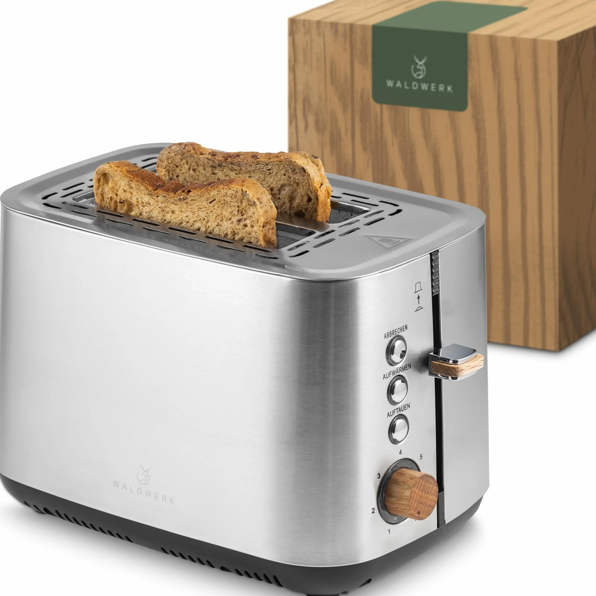 WALDWERK Tostadora Pan diseño – Tostador de acero inoxidable 304 y madera de roble – para 2 rebanadas – con soporte para panecillos – con ranuras extra anchas y profundas – con bandeja recogemigas