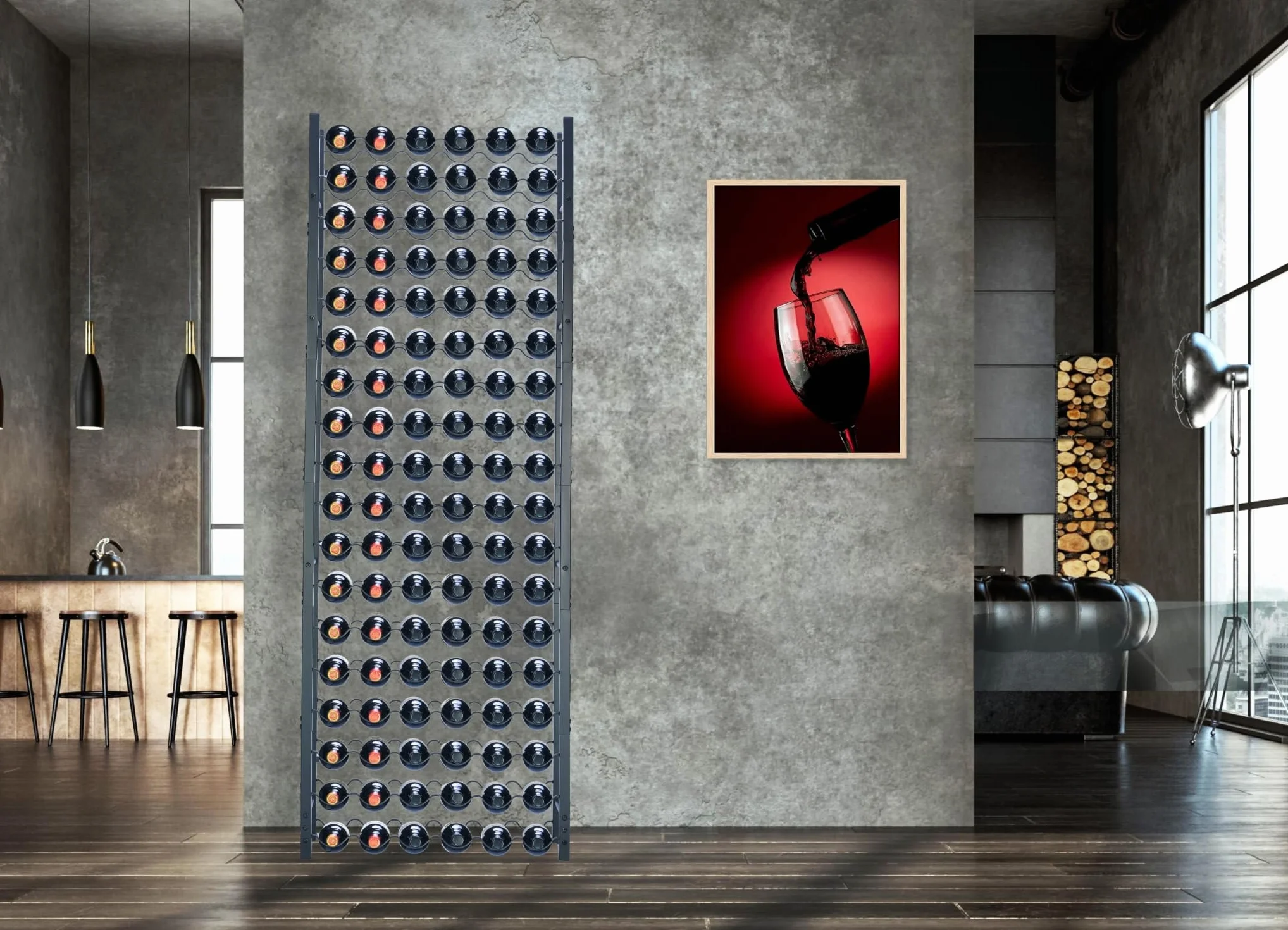Botellero - Vinoteca - Portabotellas de Vino - Almacenamiento de vinos con sacacorchos Recubrimiento de Polvo Negro Metal Acero Boteleros Estilo (65x20x180cm (108 Botellas))