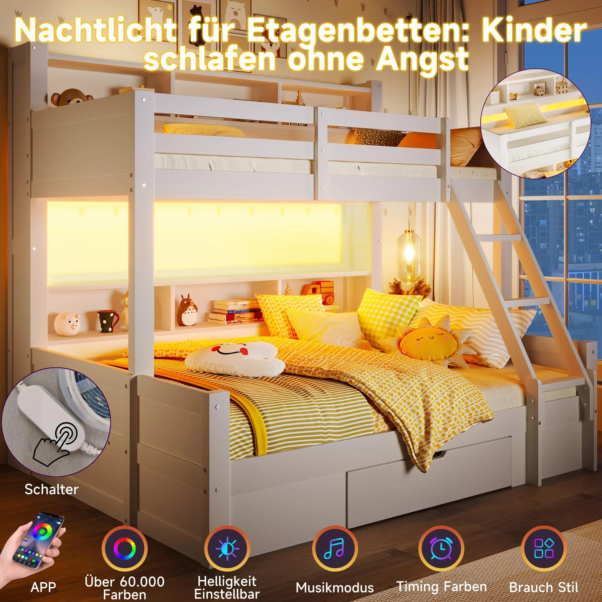 Litera de 90(140) x200 cm con Luz LED y Compartimentos Abiertos, Cama Litera Matrimonio con Cajón y Escalera, Cama Infantil Literas Infantiles con Barandilla Anticaída, Sin Colchón, Blanco