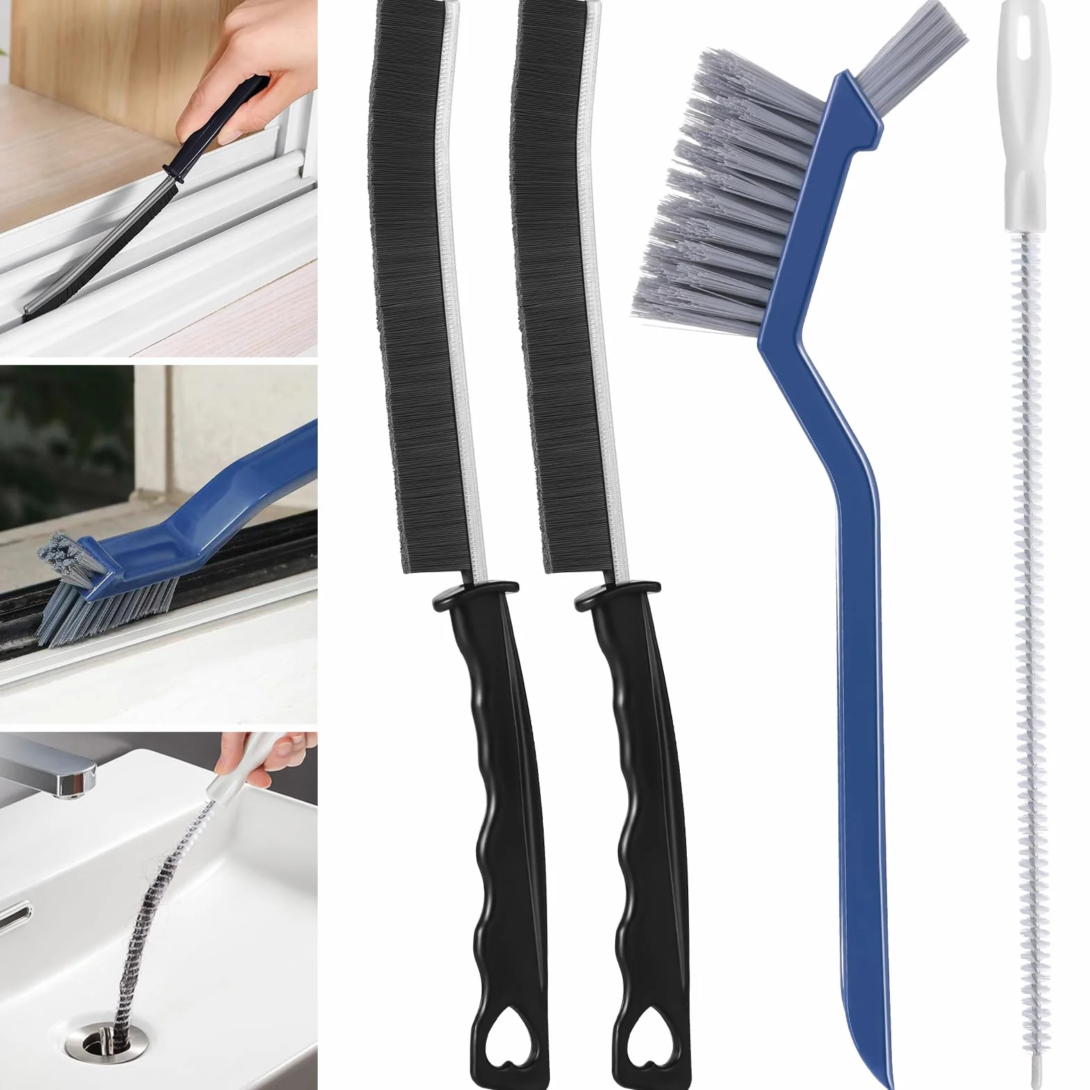 4 Cepillos Multifuncionales de Limpieza, Cerdas Duras para Huecos y Tuberías, Ideal para Baño, Cocina y Ventanas