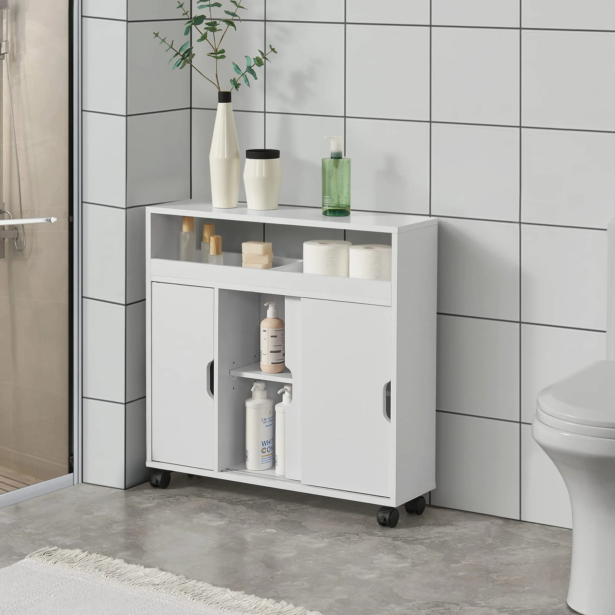 [en.casa] Mueble de Baño Movil Carrito de Almacenaje para Cocina con 2 Puertas Deslizantes 71 x 70 x 20 cm Versátil Aglomerado - Blanco