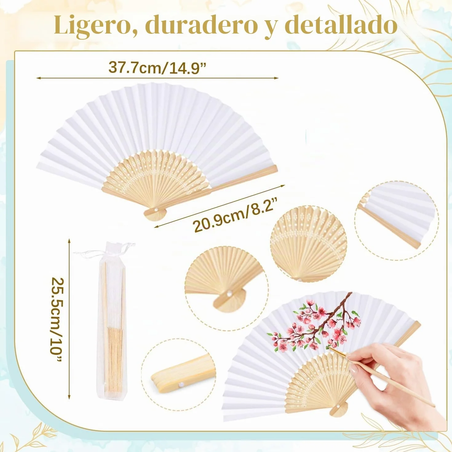 iZoeL 12 Abanicos Blanco Boda Invitados Mano, Abanicos de Papel Plegables con Varillas de Madera, Incluye 12 Bolsas de Organza, Detalles Bodas Invitados Fiesta Verano