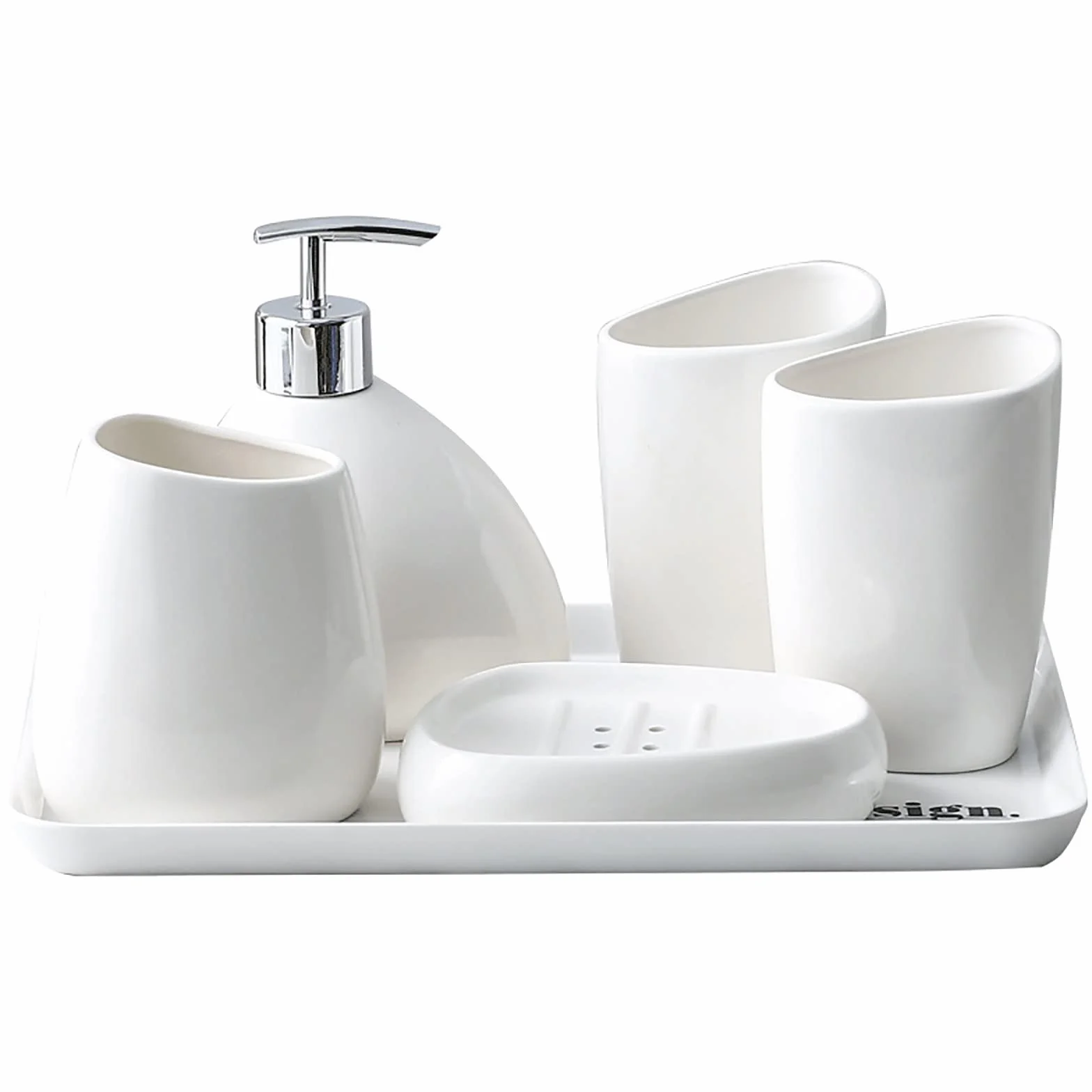 Juegos de Accesorios de baño, Acesorios Cuartos de Baño 5 Piezas para Dispensador Jabon Baño, Jabonera Baño, Porta Cepillo de Dientes, Dosificador Jabon Baño para Gel de Ducha Cerámica Blanco