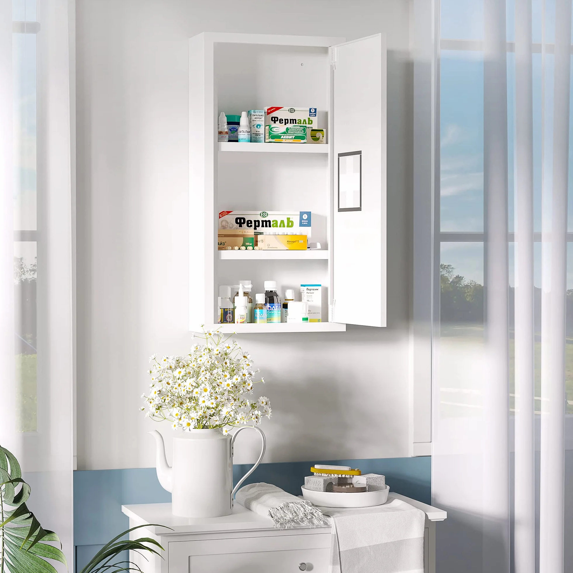 kleankin Botiquín de Pared de Acero 3 Niveles con Puerta Magnética 30x12x60 cm Blanco