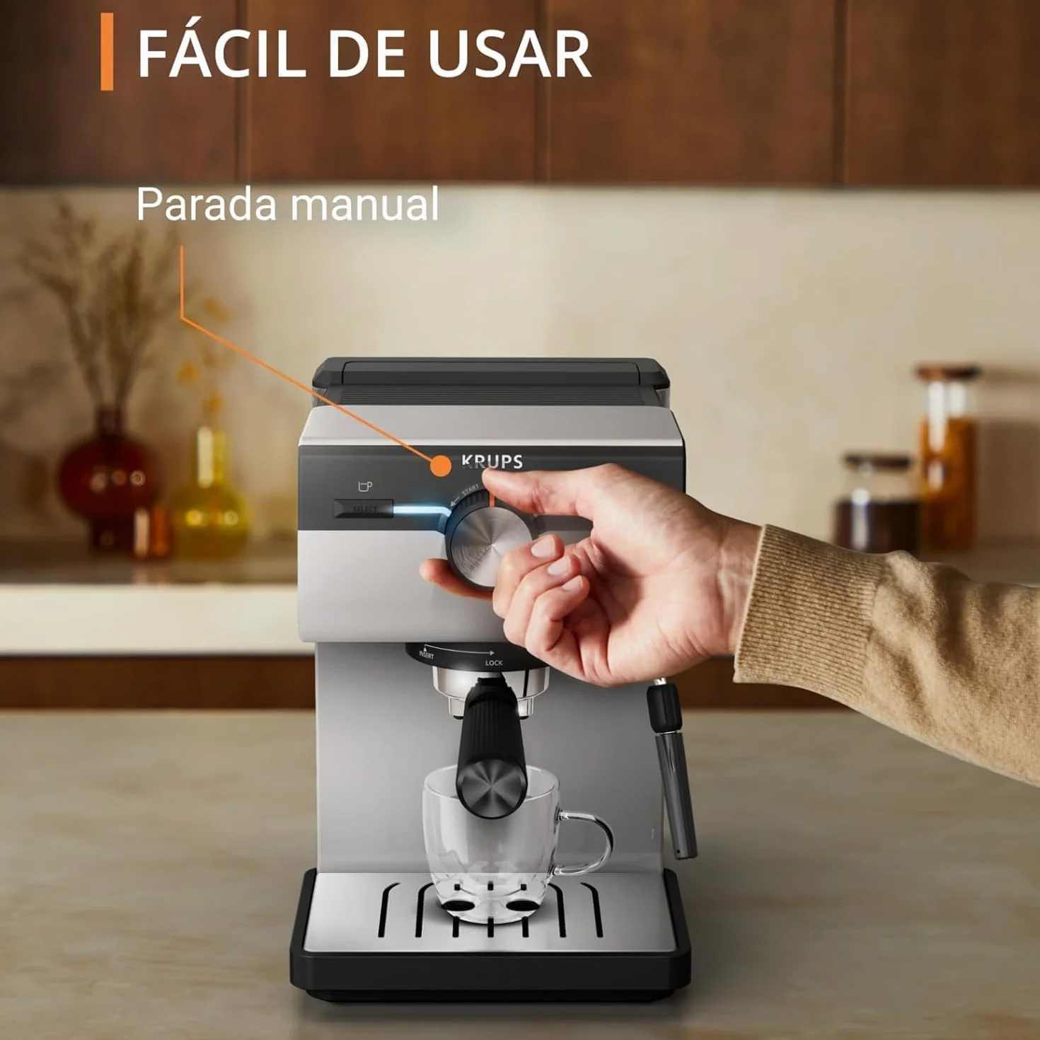 Krups Authentic, Cafetera Espresso Manual, 15 bares de presión, Espumador de leche, Ajuste Manual, Cuchara Medidora y Compactadora, depósito de 2 L de capacidad, Inox, XP381B