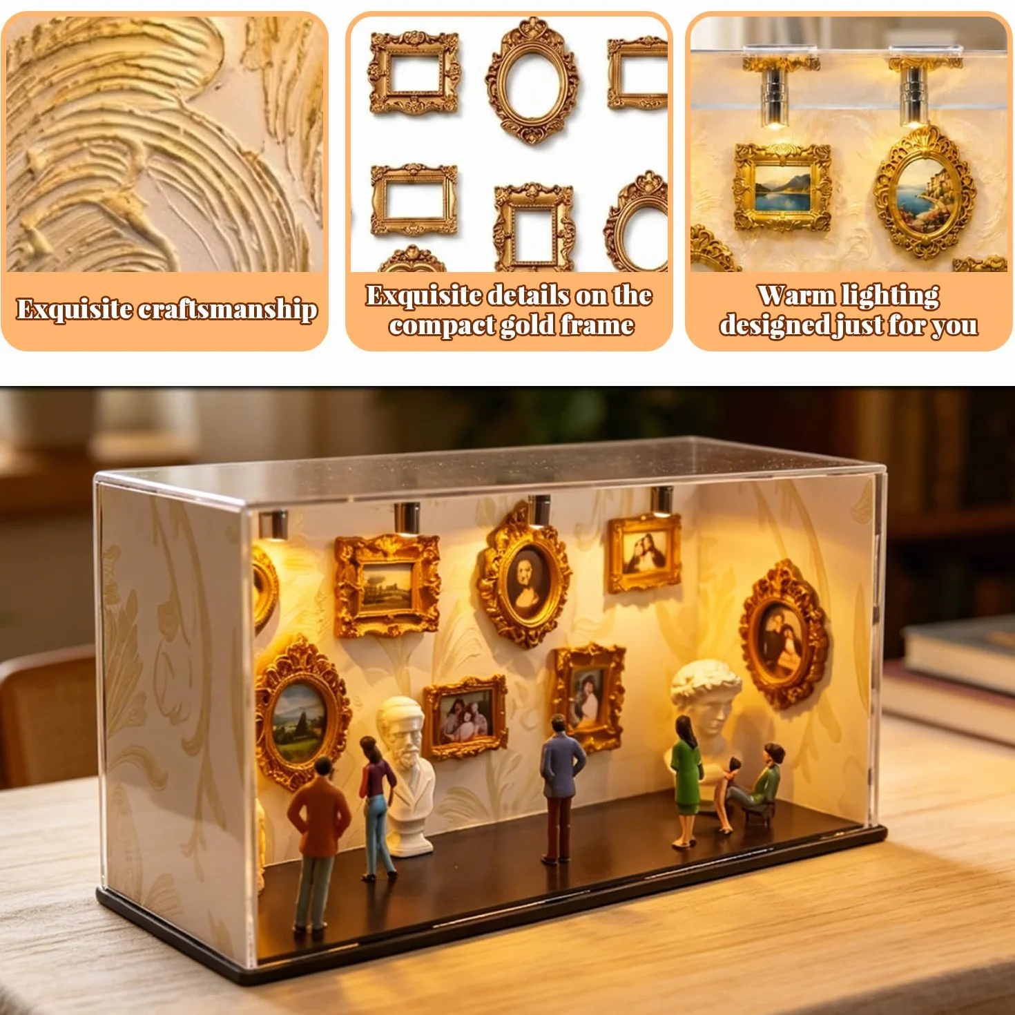 DIY Mini Museum Silhouette Box Foto Recordatorio Set, Personalized DIY Photo Family Memory Display Case Incluye 6 Figuras, 9 Marcos Dorados y 2 esculturas para Aniversario, Boda, decoración del hogar