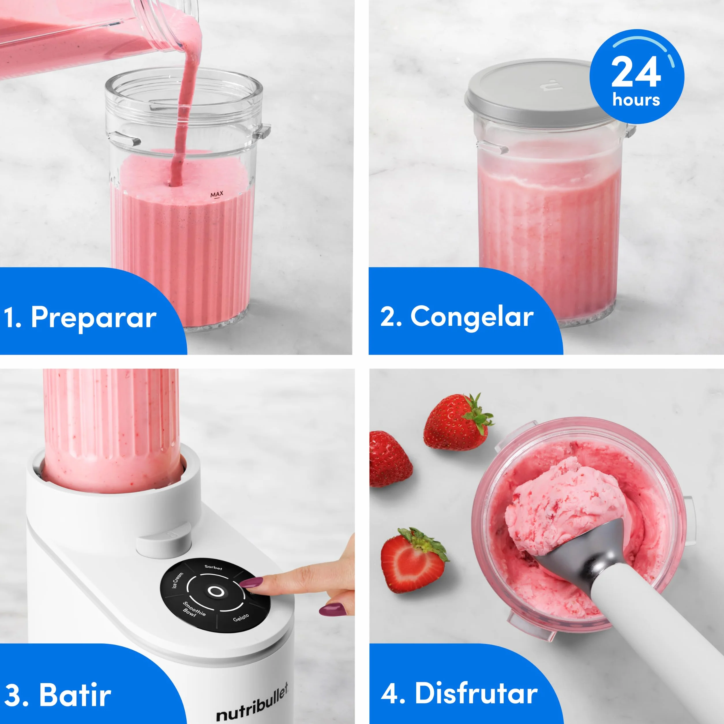 nutribullet Chill – Heladera para gelato, helados, yogur helado, smoothie bowls, sorbetes, 5 programas automáticos, máquina de helados, 3 recipientes con tapa, ideal para familias, blanco (NBD0503W)
