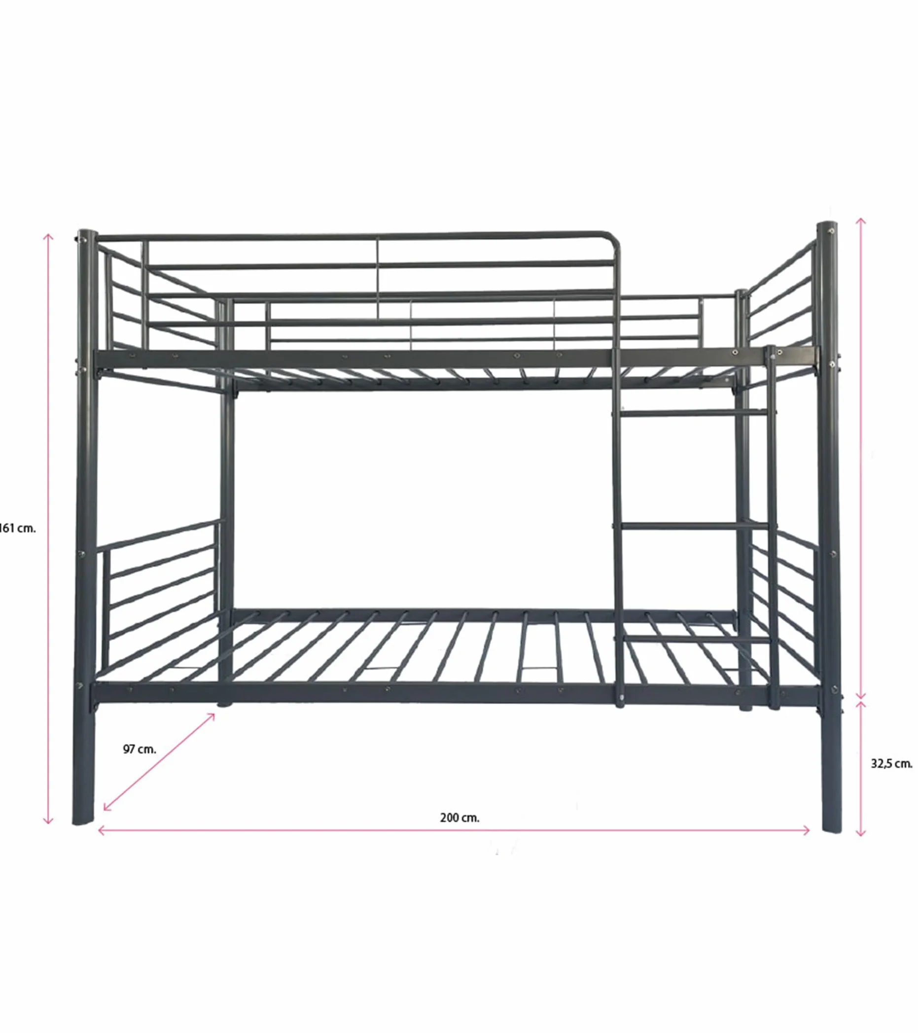 Home Heavenly Litera Metálica Finy Estructura para Dos Camas de 90x190 cm con Baranda de Seguridad y Escalera Frontal Gris