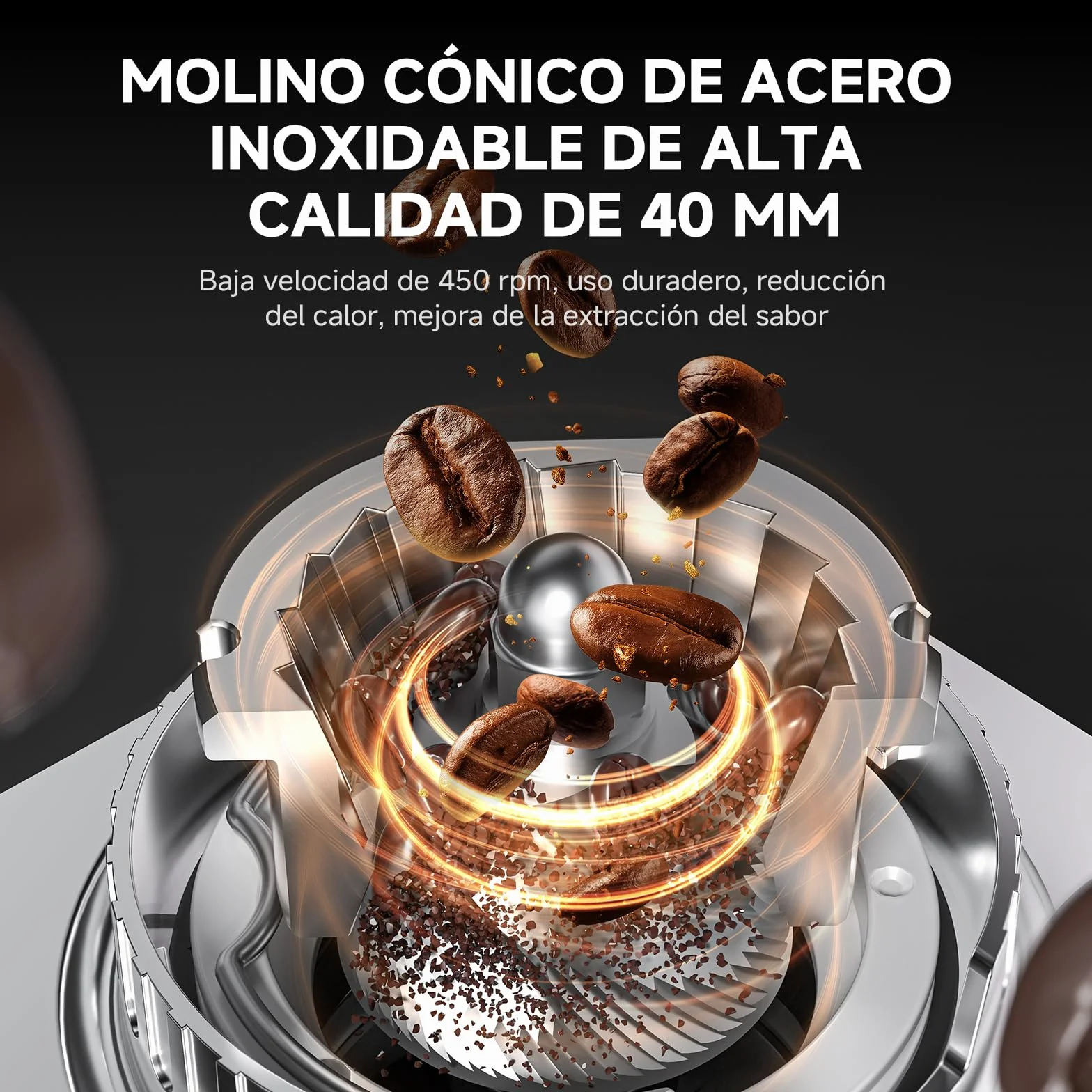AMZCHEF Molinillo de Café Eléctrico para Espresso, 45 Ajustes de Molienda, Muelas Cónicas de Acero Inoxidable, Soporte para Portafiltros Ajustable, Panel Táctil LED, Tecnología Anti-Stática