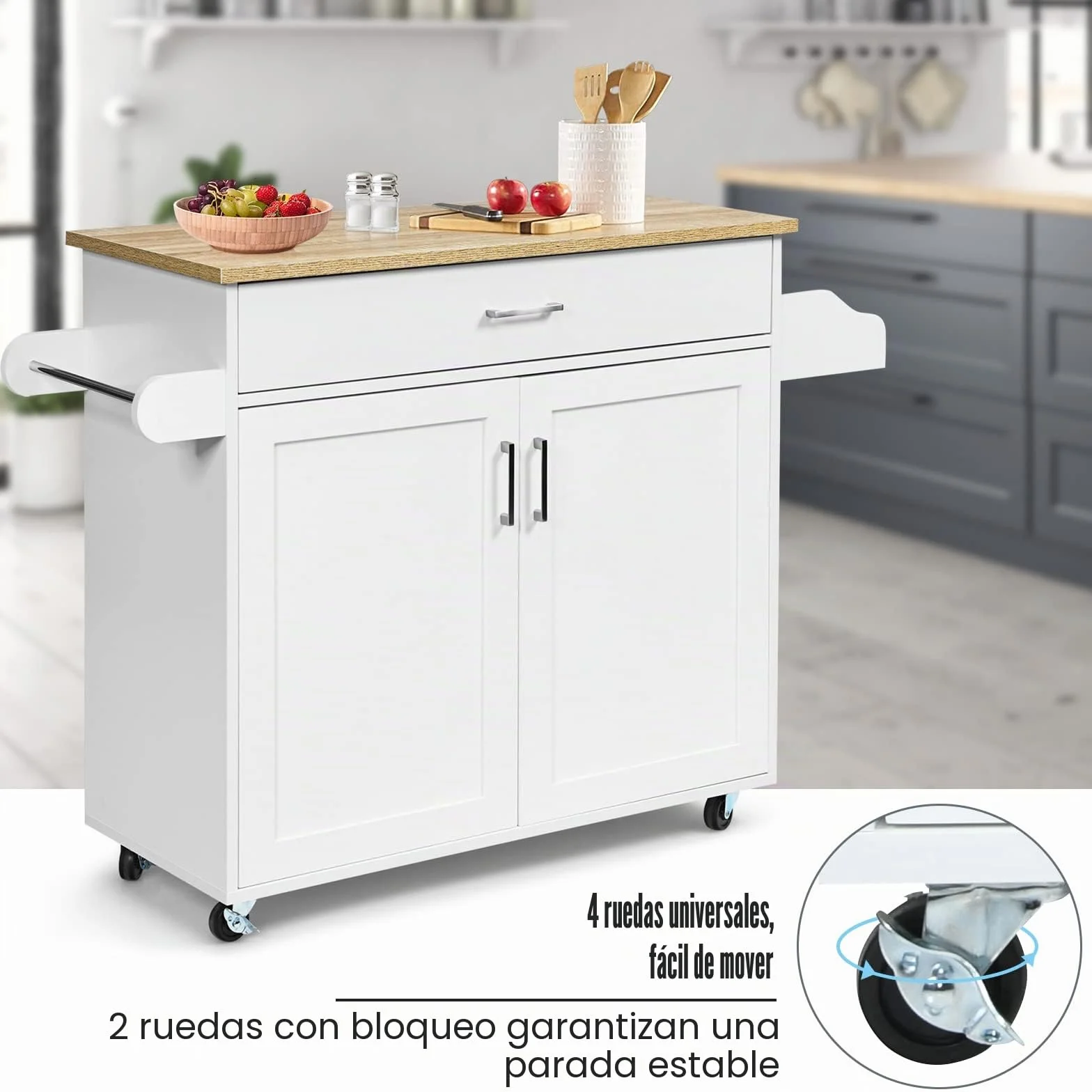 GIANTEX Isla de Cocina Móvil con Ruedas, Carro de Cocina con Cajón, Armario, Estante Lateral para Especias y Toallero, Mueble Auxiliar de Almacenamiento para Comedor (Blanco, 116x40x85cm)