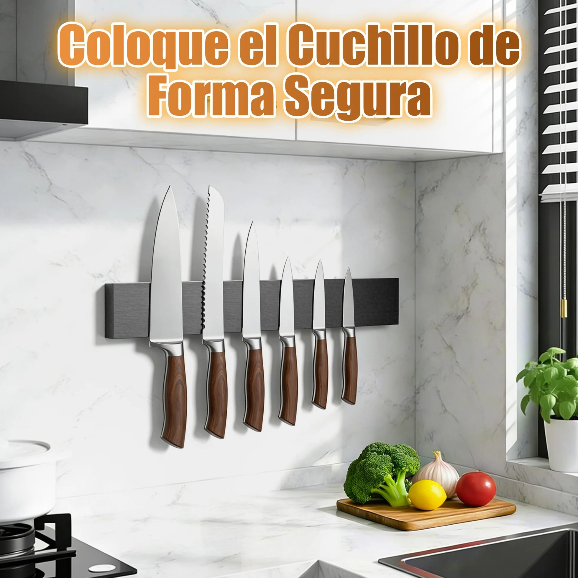 Soporte Cuchillos Cocina Magnético 40 cm, Organizador de Madera con Imanes Fuertes, Negro