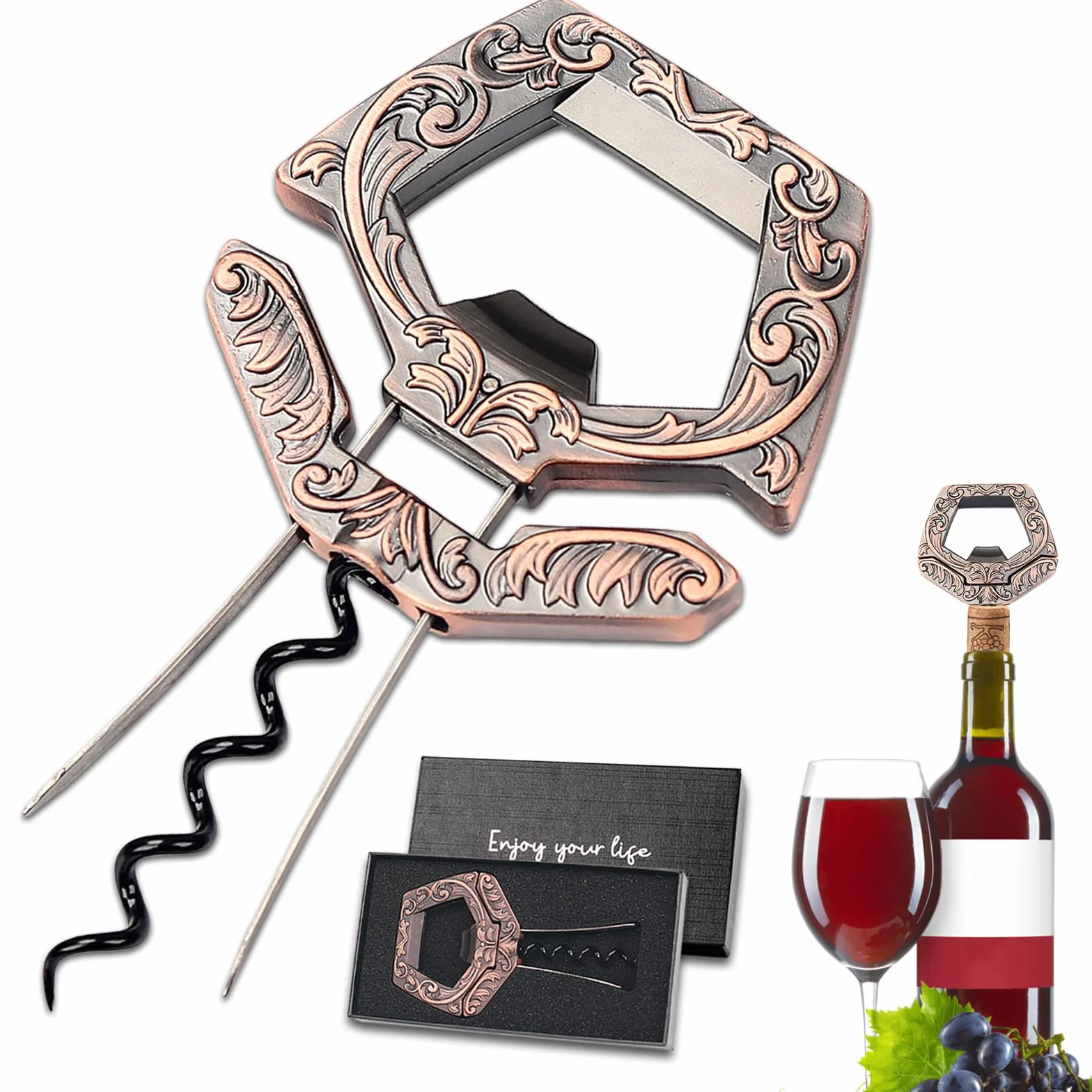 Abridor de Vino Ah So para Botellas Antiguas, Abrebotellas de Antiguo 3 en 1, Extractor Corcho Dos Puntas con Corkscrew de Cerveza, Sacacorchos de Amigos Camareros, Regalos para Hombres (Cobre)