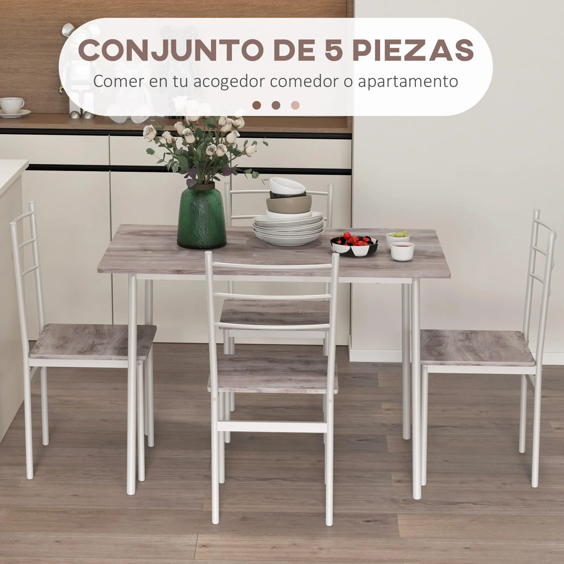 HOMCOM Conjunto de Comedor 5 Piezas Juego de 1 Mesa y 4 Sillas con Pies Acero para Cocina Restaurante 110x70x75 cm Madera Natural y Blanco
