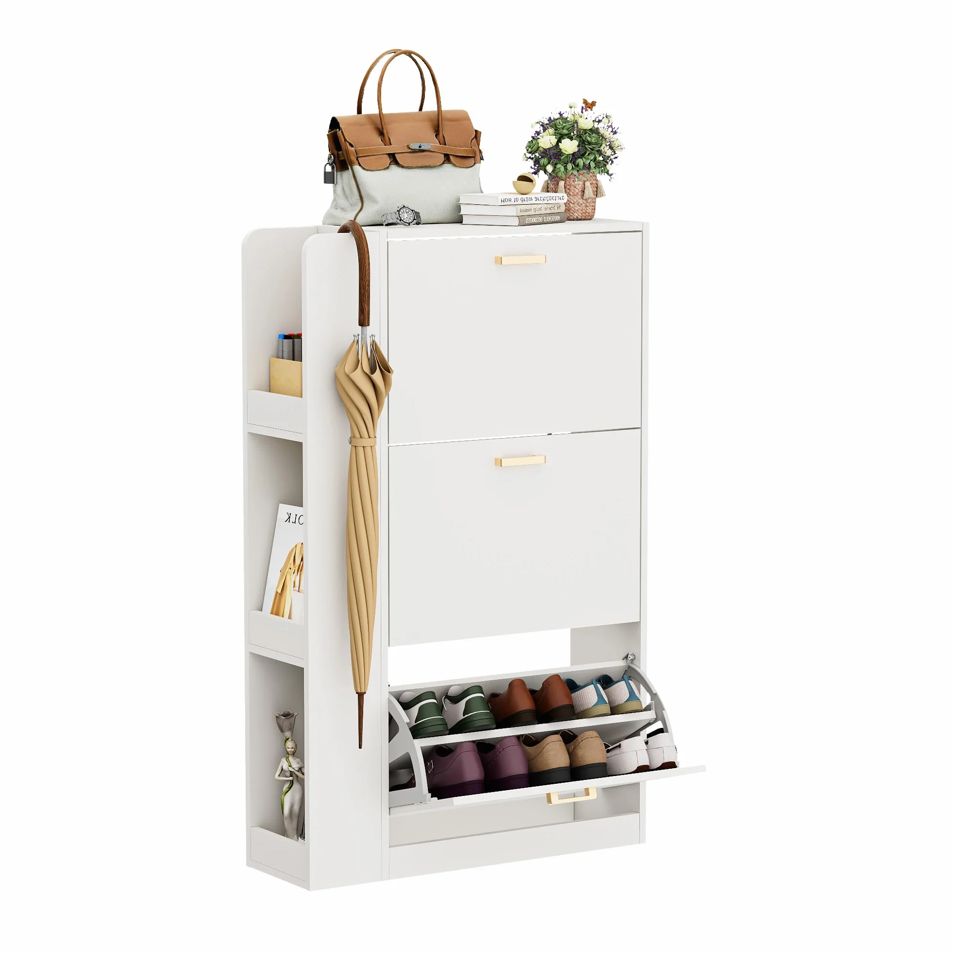 Mueble Zapatero 3 Puertas Zapatero Estrecho con 3 Compartimentos para 18-24 Pares de Zapatos, Armarios Zapatos para Sala de Estar, Pasillo de Entrada, 73,5x24x118cm Blanco