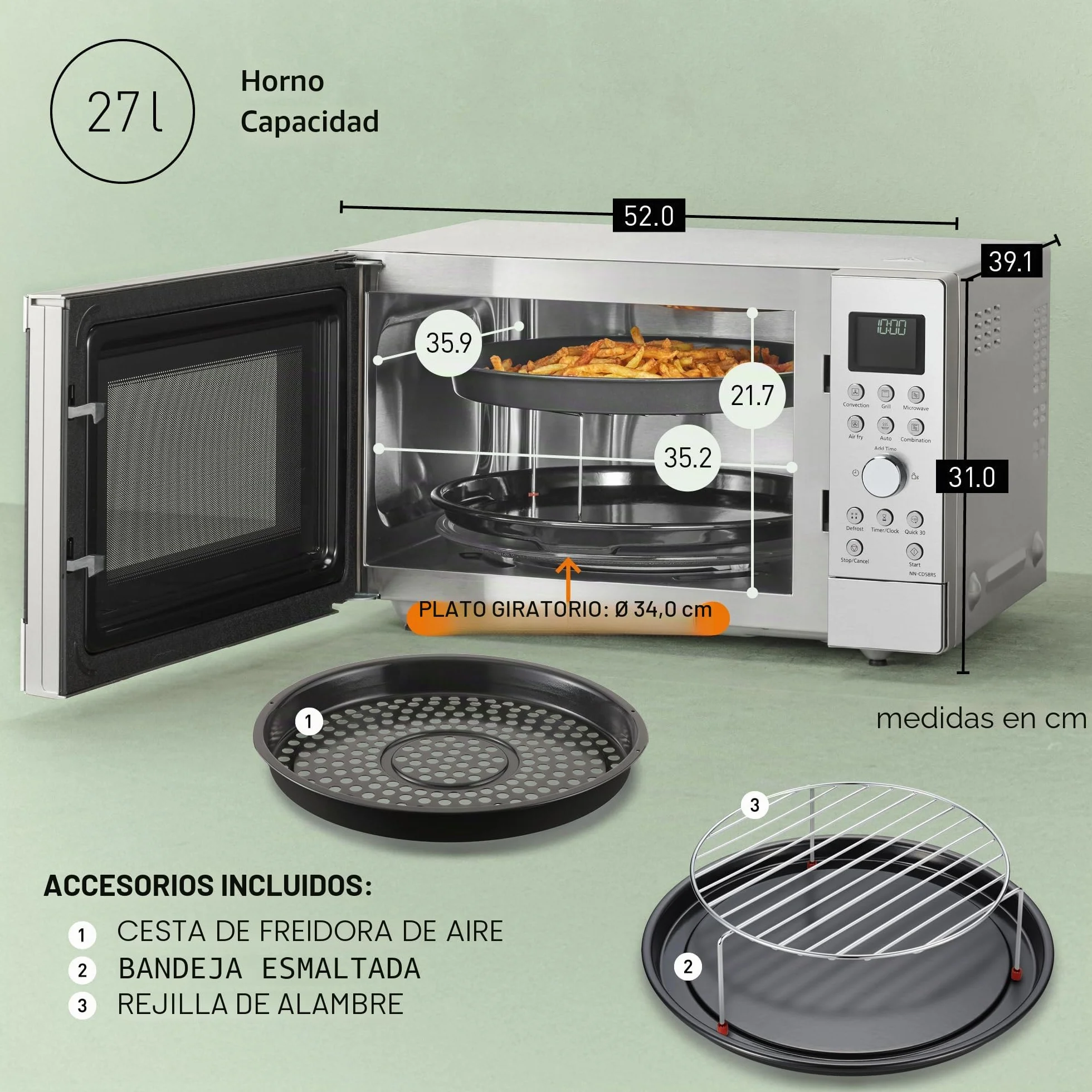 Panasonic NN-CD58RSEPG Horno Microondas Combinado 4 en 1 de 27 L con Freidora De Aire, Inverter de 1000 W, Grill de 1300 W, Convección, 19 Programas Automáticos, Acero iInoxidable
