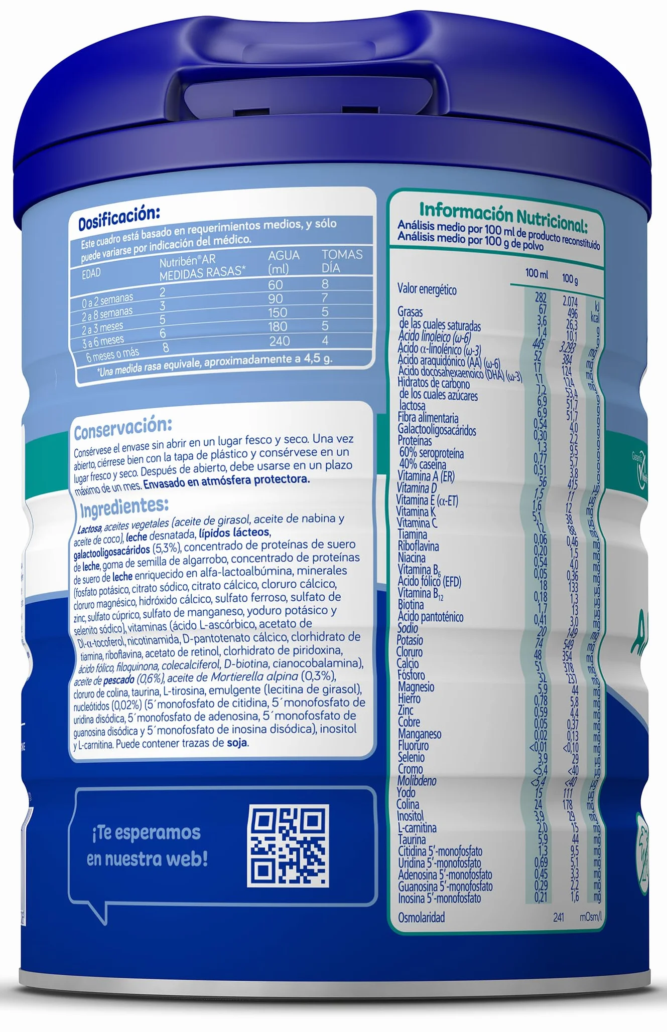 Nutribén AR Leche en Polvo Bebé AntiReflujo y AntiRegurgitación 800g sin Aceite de Palma con Cacito Dosificador
