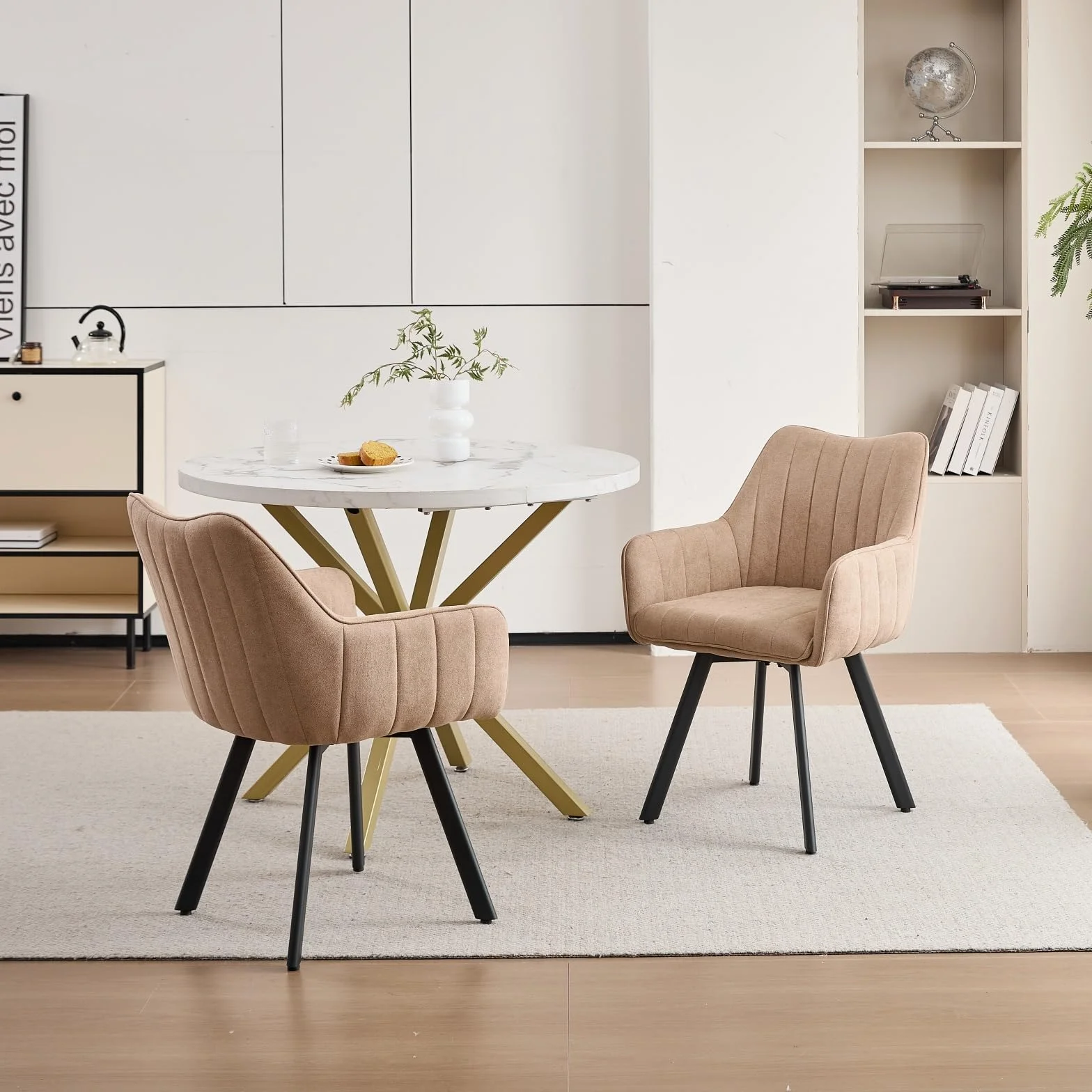Juego de 6 Sillas de Comedor con Brazos, Sillas de Cocina Tapizadas en Lino, Patas Metálicas Giratorias 360°, Aptas para Comedores, Cocinas y Salas de Estar, Caqui