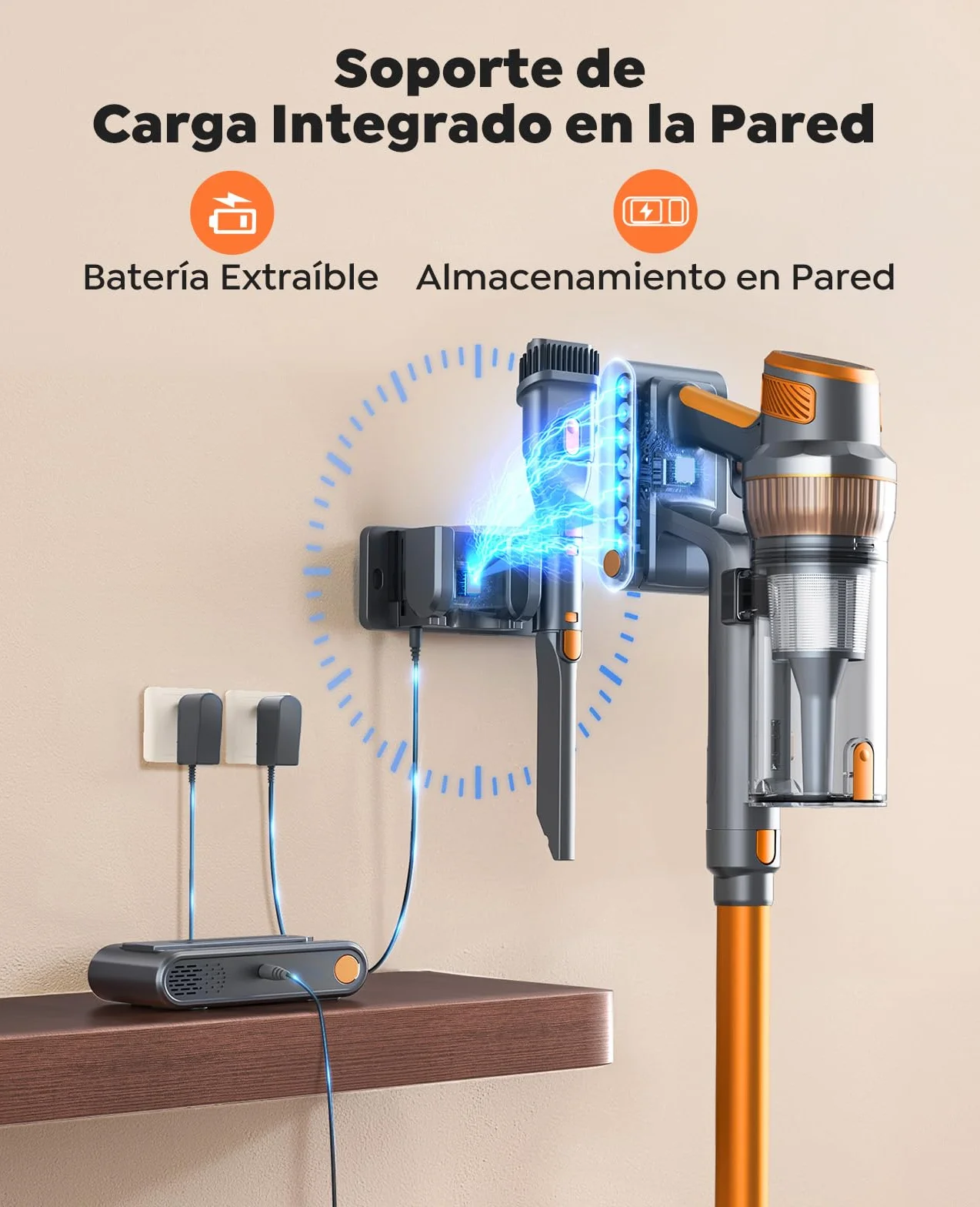 SMOTURE Aspiradora sin Cable 50KPA/600W/65Min, Aspirador Escoba con Manguera de 1M, Cepillo Anti-Enredo con Luz, Modo Automático, Base de Carga de Pared, para Pelo de Mascota/Suelos/Alfombras/Coche