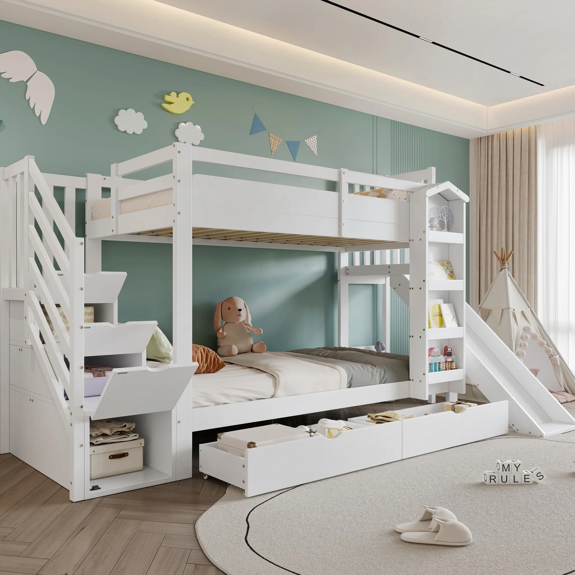 Litera, cuna, con estante para libros, dos cajones con ruedas y tobogán infantil, armario de almacenamiento para escaleras, pino + MDF + madera contrachapada, blanco, 90 x 200 cm