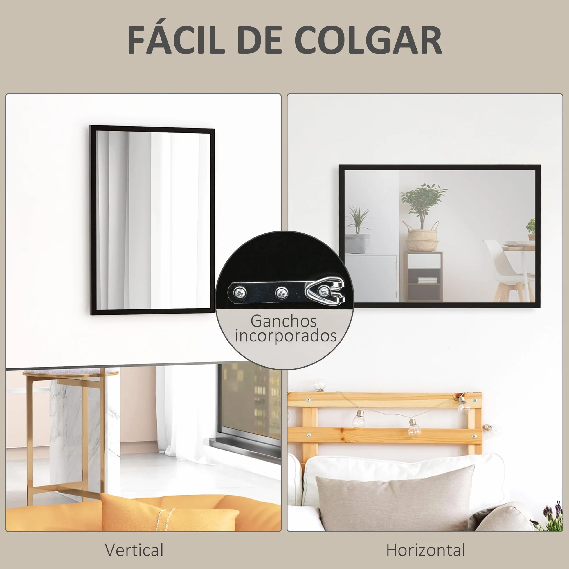HOMCOM Espejo de Pared, 70x50 cm, Espejo de Baño Rectangular, Decorativo para Salón, Entrada, Pasillo, Horizontal o Vertical, Negro