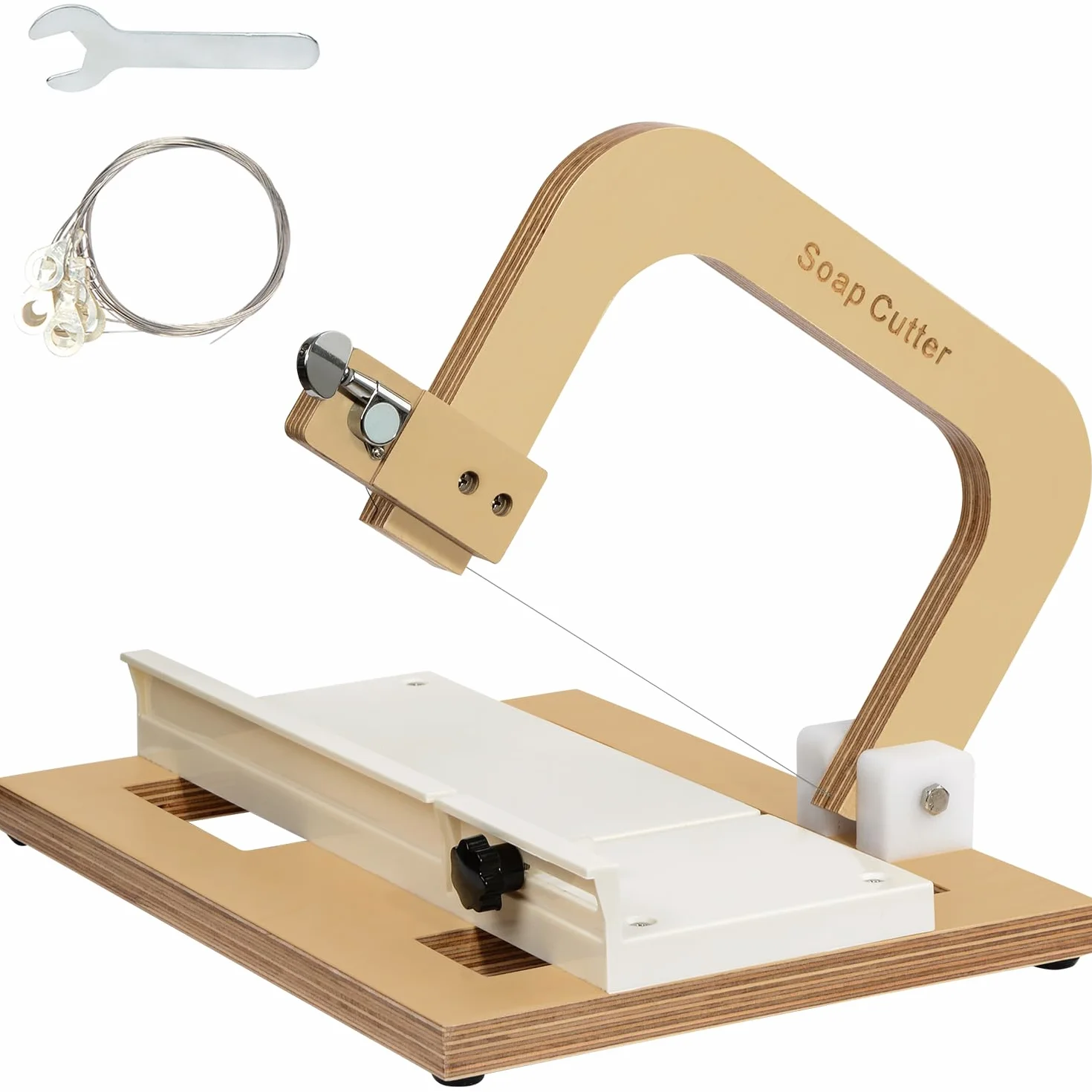 Cortadora de jabón de madera, herramienta de corte de acero inoxidable ajustable por cable, herramienta de fabricación de bricolaje de queso de vela de pan de jabón hecha a mano (Wooden-White-01)