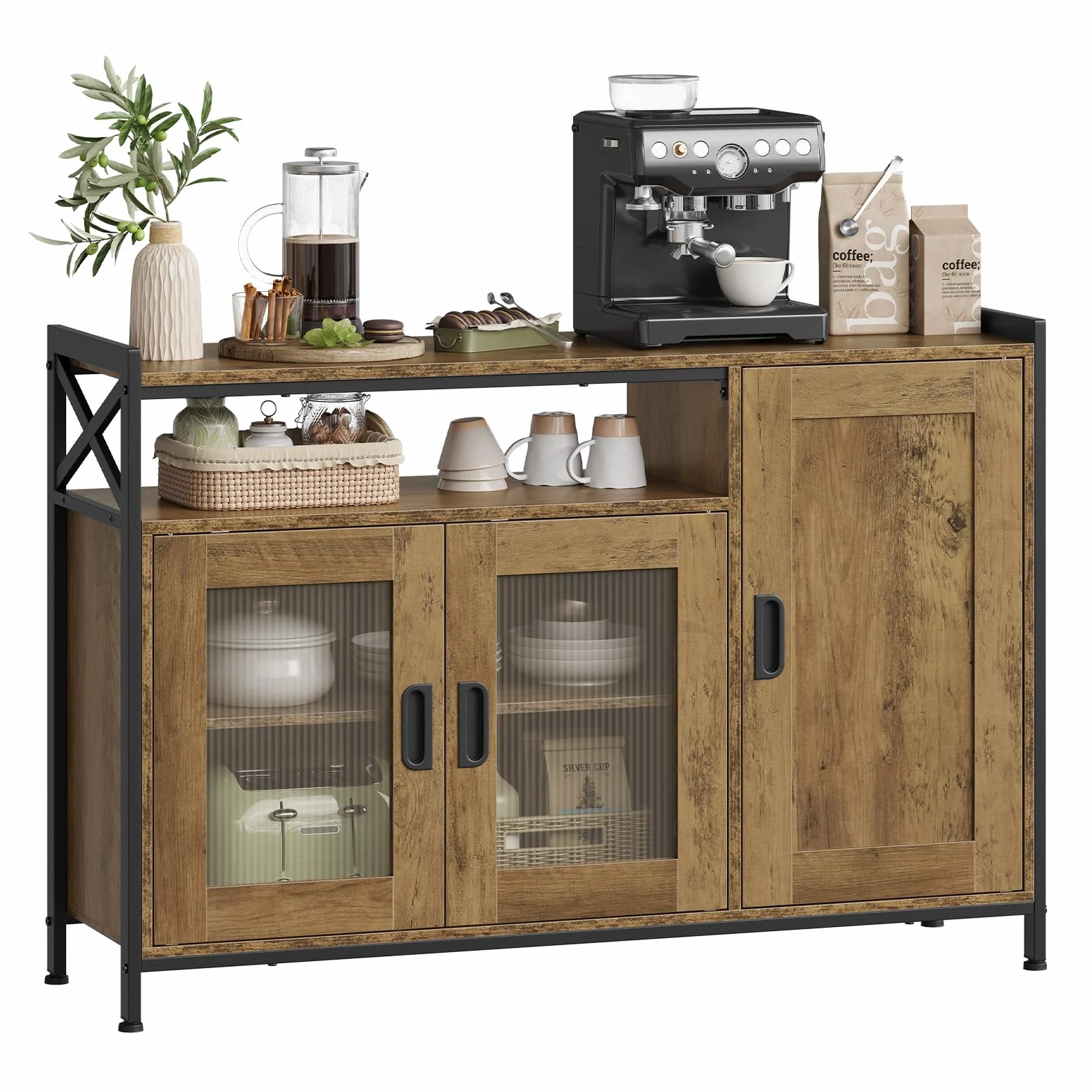 WOLTU Aparador Cocina de Almacenamiento, 3 Puertas, Estantes Ajustables, Mueble Auxiliar de Almacenaje para Cocina Salón y Comedor, Estructura Metal y Madera, 110x33x75 cm, Madera Marrón