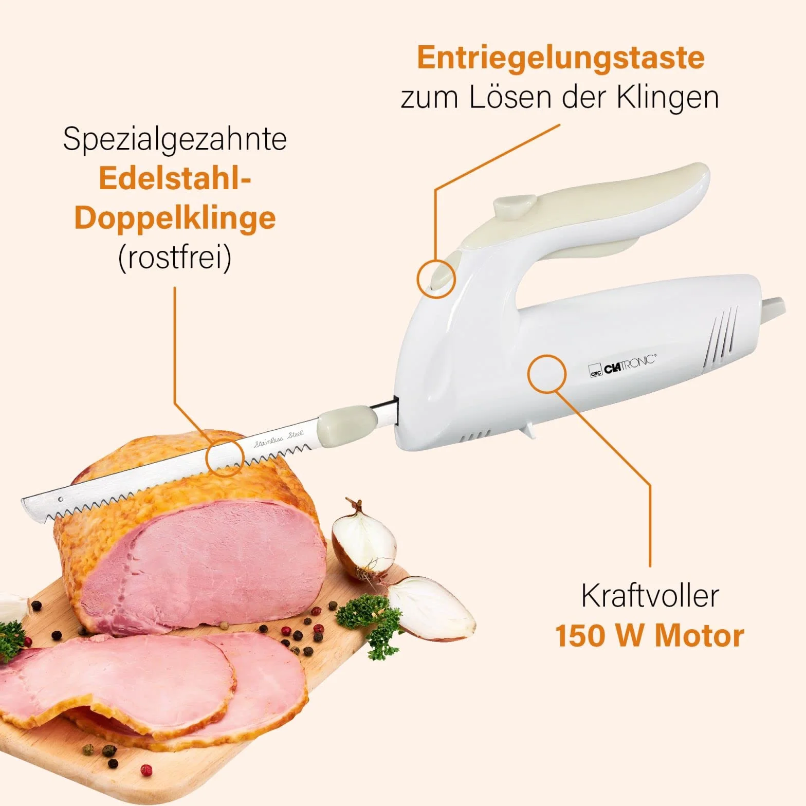 Cuchillo eléctrico para carne y pan con doble hoja de acero inoxidable, incluye paño de cuidado, cuchillo electrónico, potente motor de 150 W, silencioso, apto para lavavajillas,