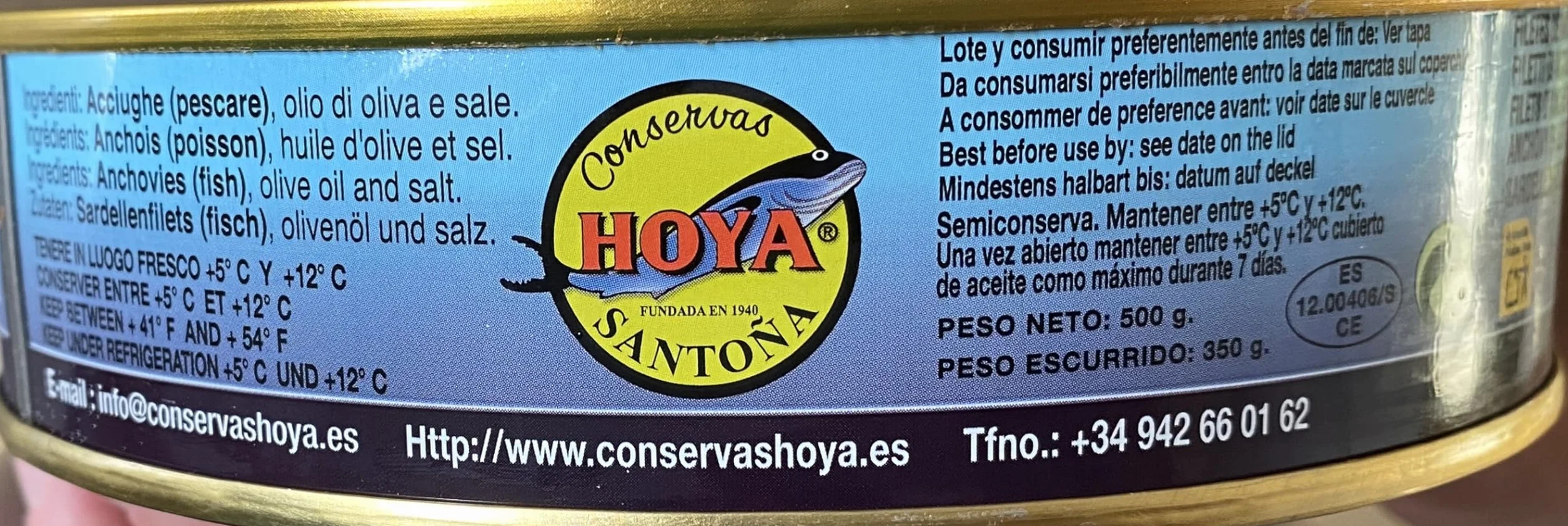 Hoya Anchoas de Santoña XL 500g Lata, Aprox.67 filetes, Elaboración Artesana con Bocartes del Cantábrico en Aceite de Oliva