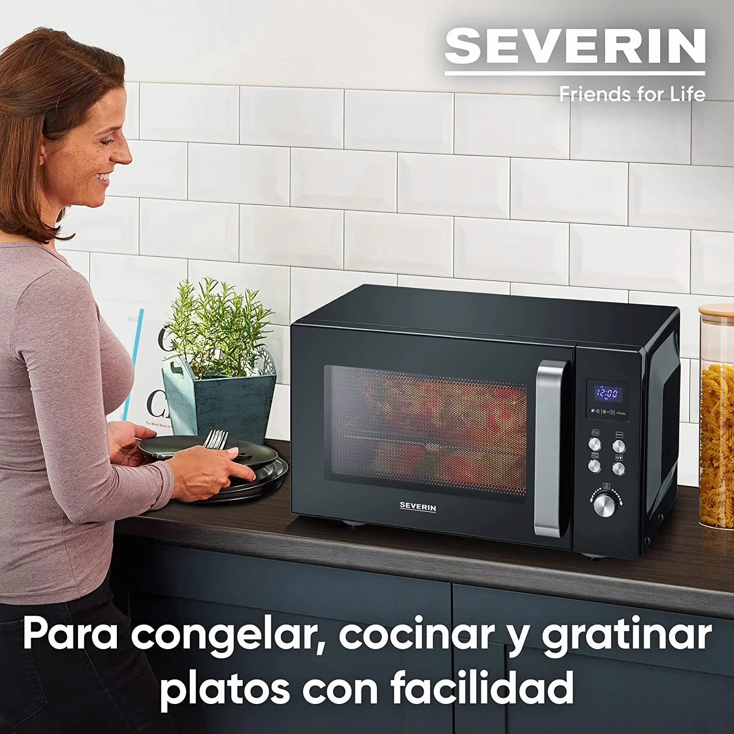 SEVERIN Microondas 2 en 1, microondas con grill y base de vidrio para descongelar y calentar, microondas digital grande para platos cuadrados, negro/acero inoxidable, MW 7763