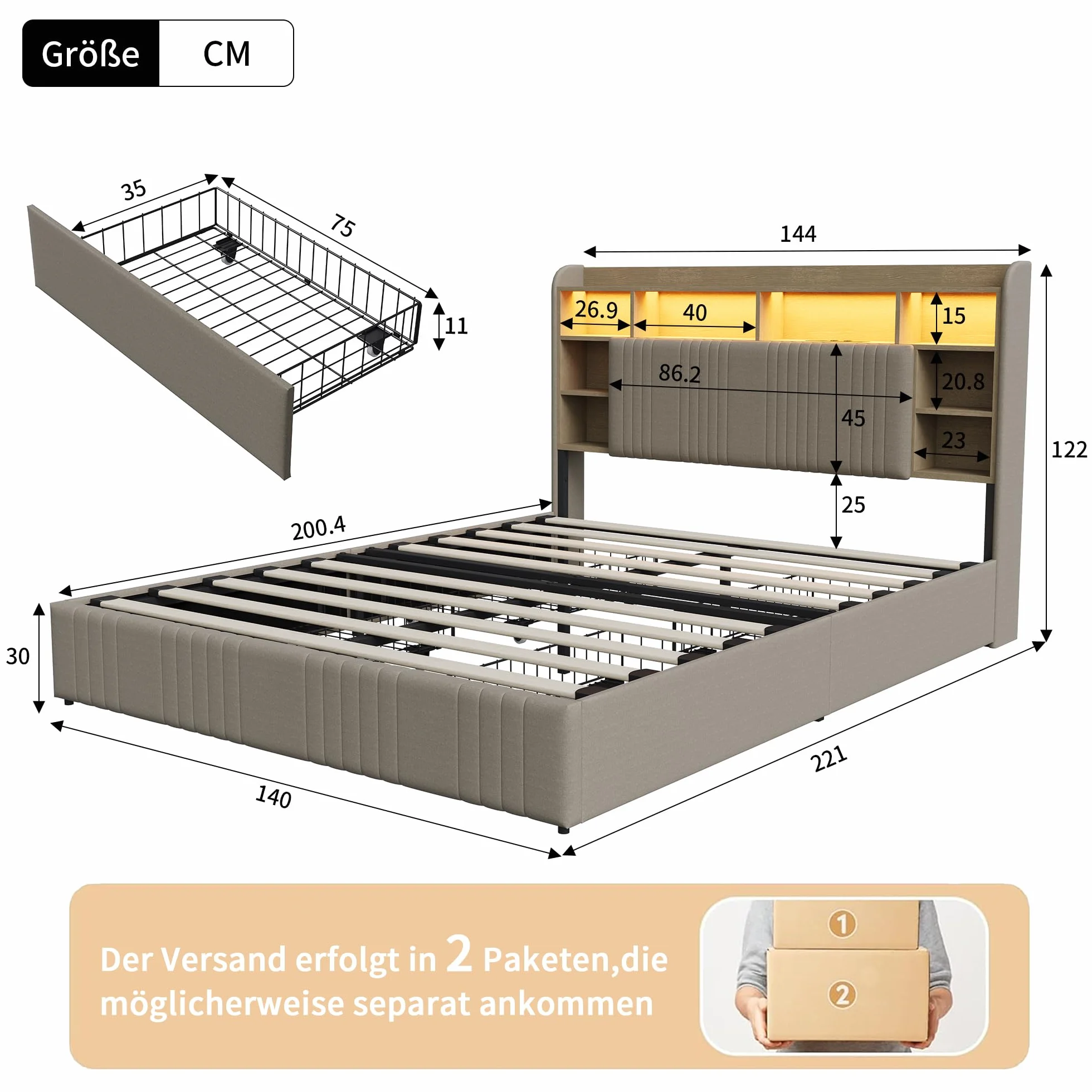 Cama Tapizada 140x200 cm con Luces LED y Estación de Carga USB/Tipo C, Estructura de Cama con Cajón y Cabecero con Almacenaje, Cama de Matrimonio de Lino con Somier de Láminas, Beige, Sin colchón