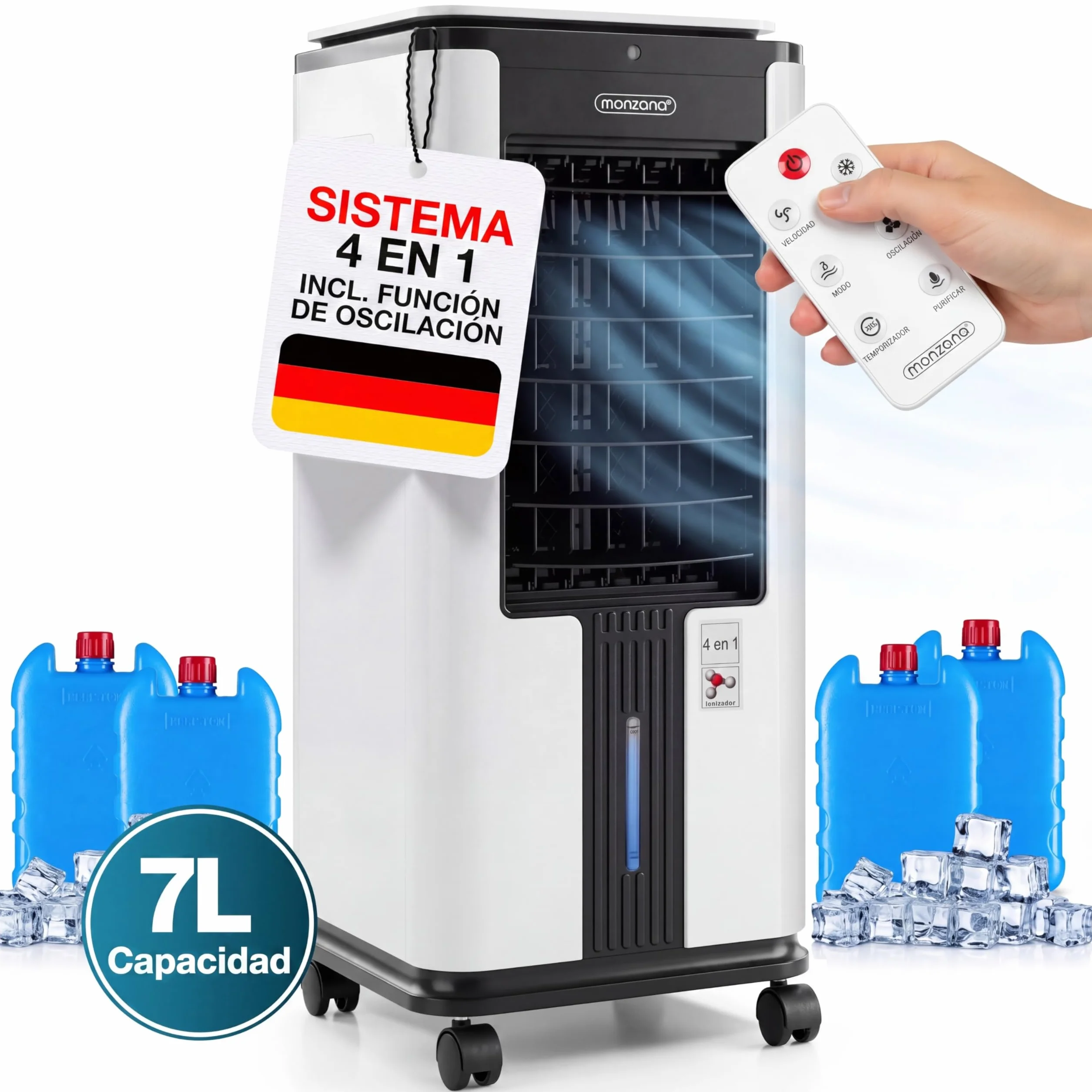 MONZANA® Enfriador de Aire 4en1 Humidificador Climatizador Ionizador Ventilador Temporizador 7L LED