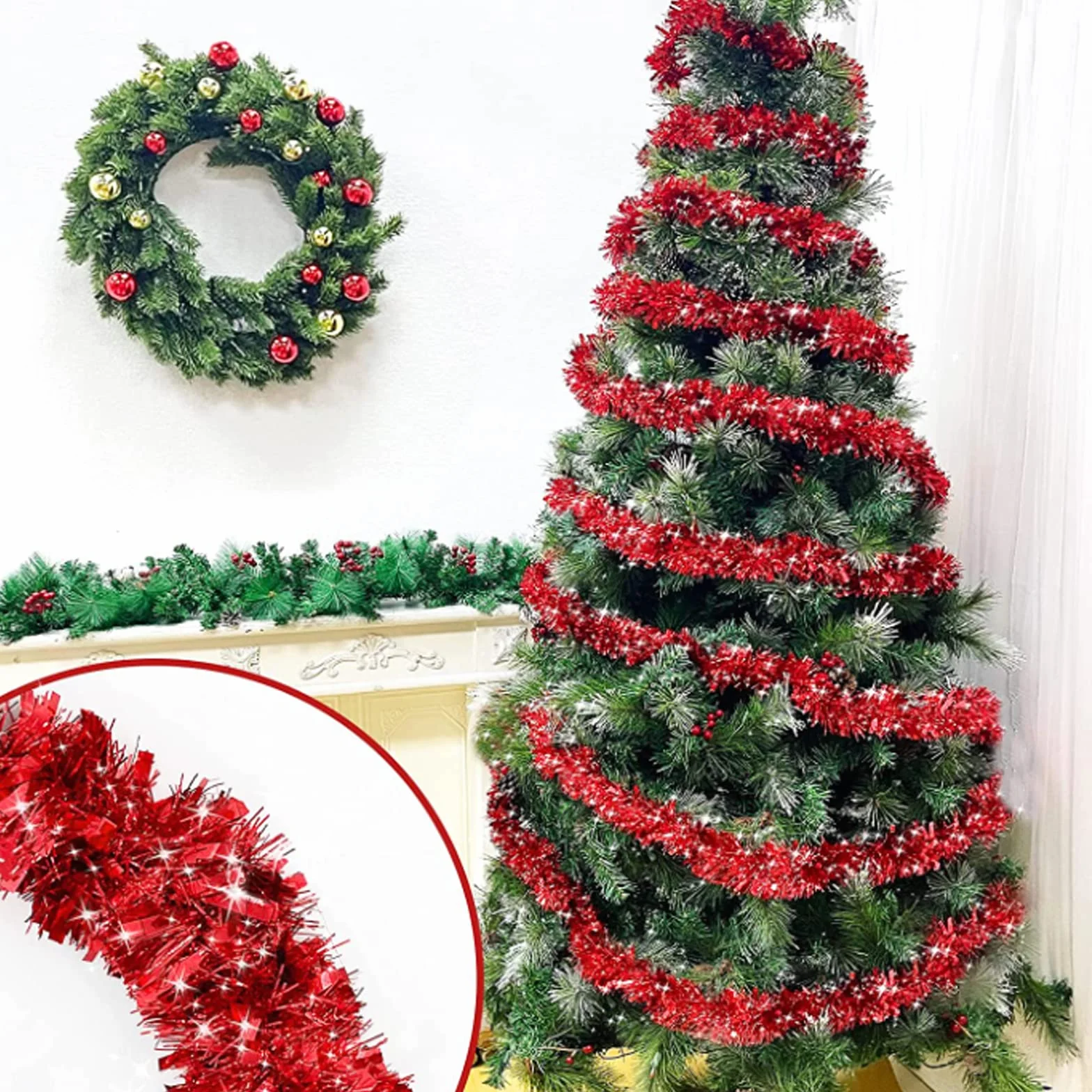 Kalamakala Guirnalda de Oropel Navidad, 4pcs Espumillon Arbol Navidad, Espumillón de Navidads, Oropel Navidads, Espumillons Decoración para Fiesta Árbol de Navidada