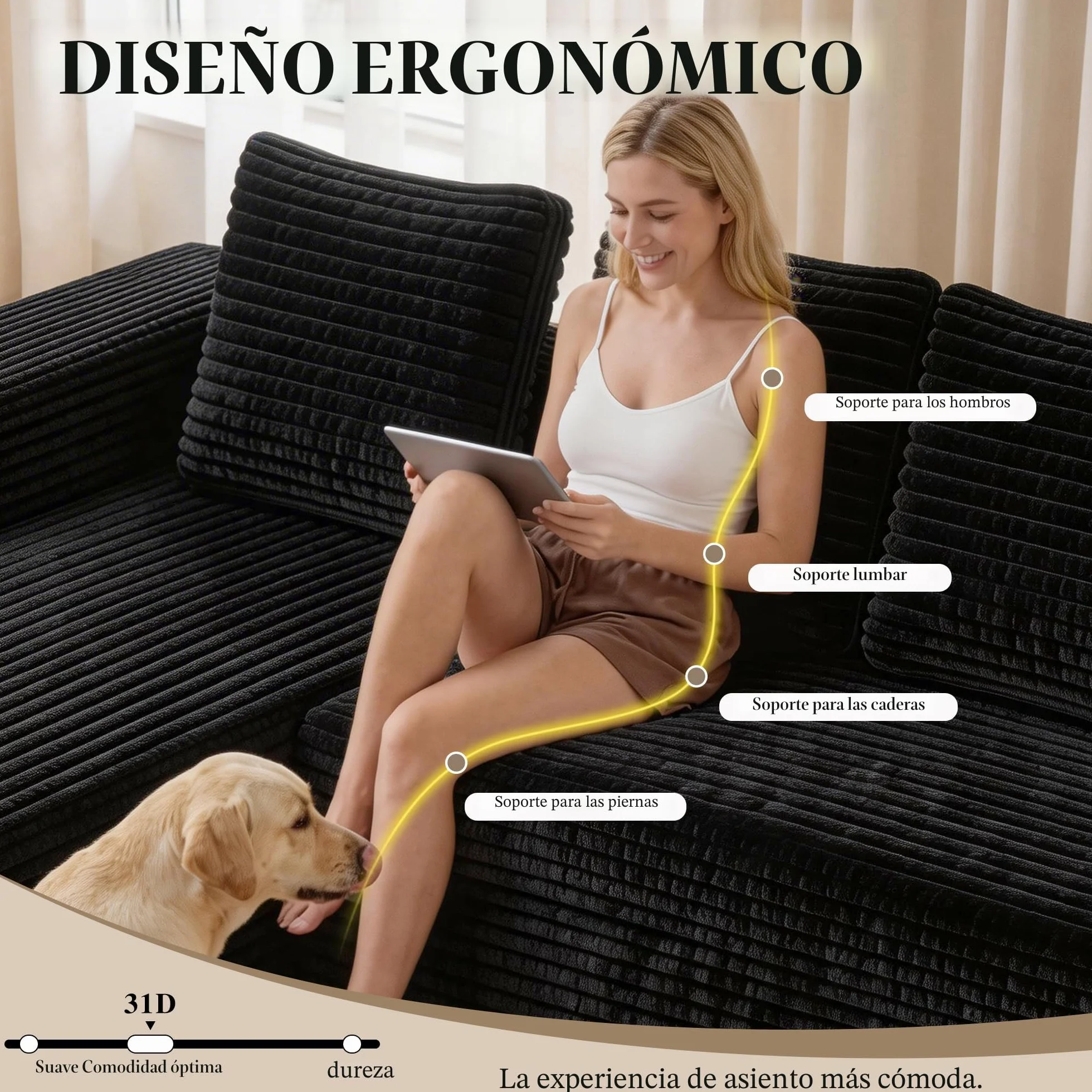 Sapgaks Sofá esquinero, sofá de 4 plazas, sofá de 3 plazas, sofá modular comprimido con chaise longue en forma de L, no requiere montaje (más pana negro)