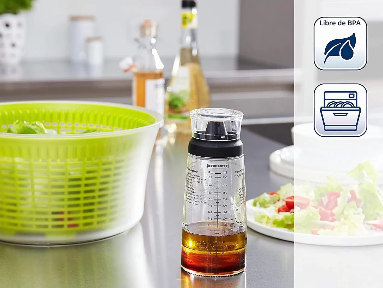 Leifheit Mezclador de aliños de vidrio 300 ml, vaso con salida antigoteo