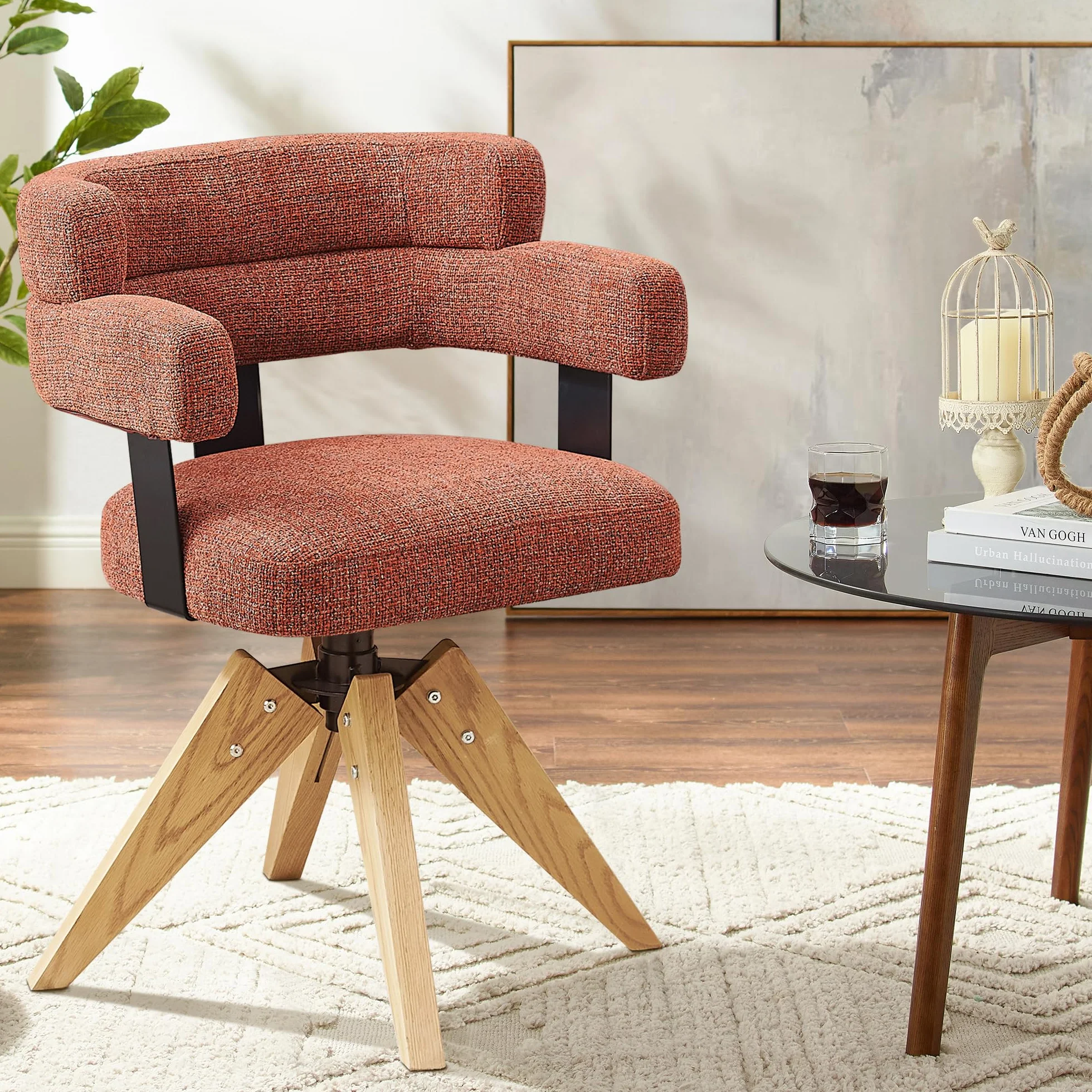 Zouron Sillas de Comedor Giratorias Tapizadas en Algodón y Lino con Reposabrazos y Respaldo, Patas de Madera, Rojo